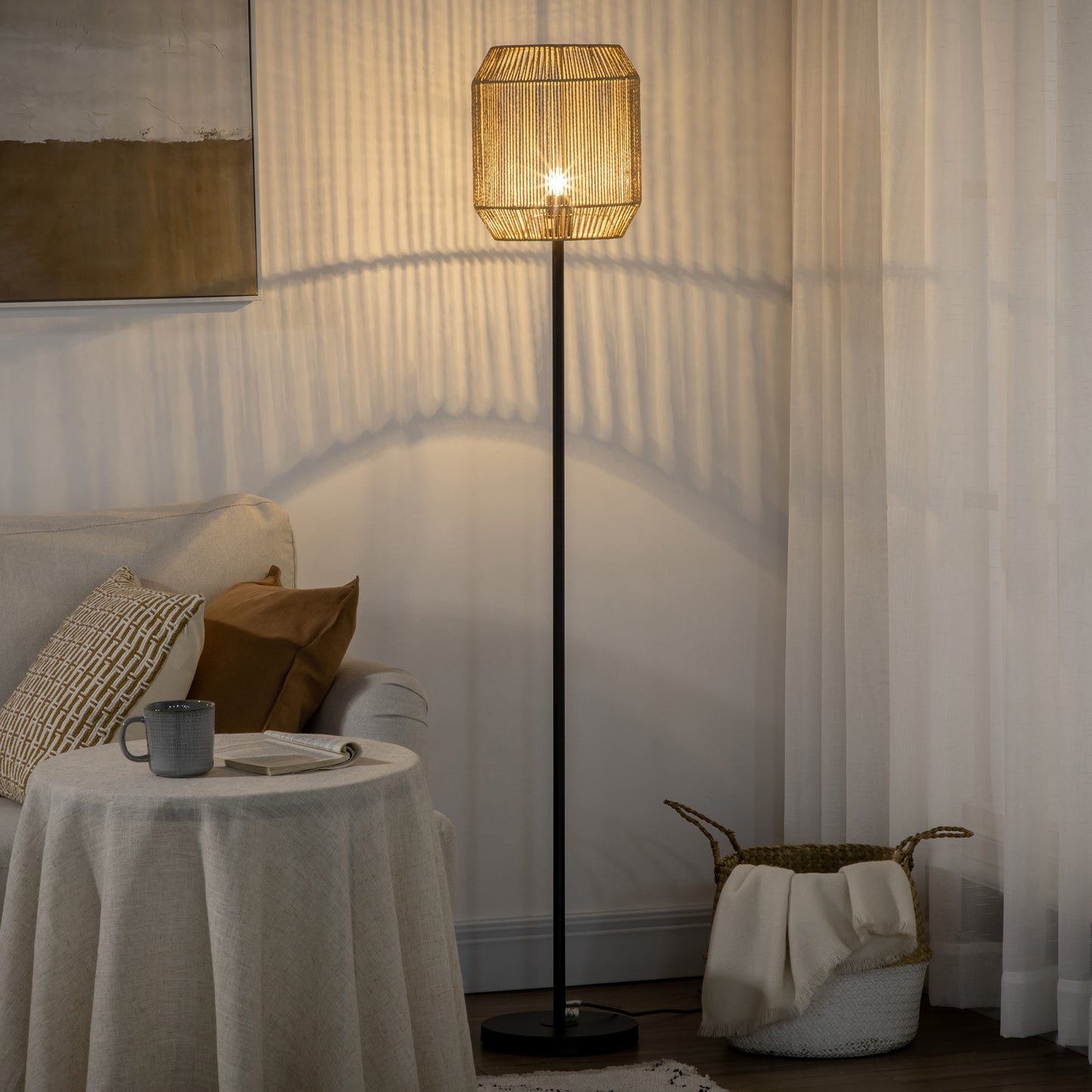 HOMCOM Farmhouse Standing Lamp, Floor Lamps with Hand Woven Rattan Lampshade for Living Room