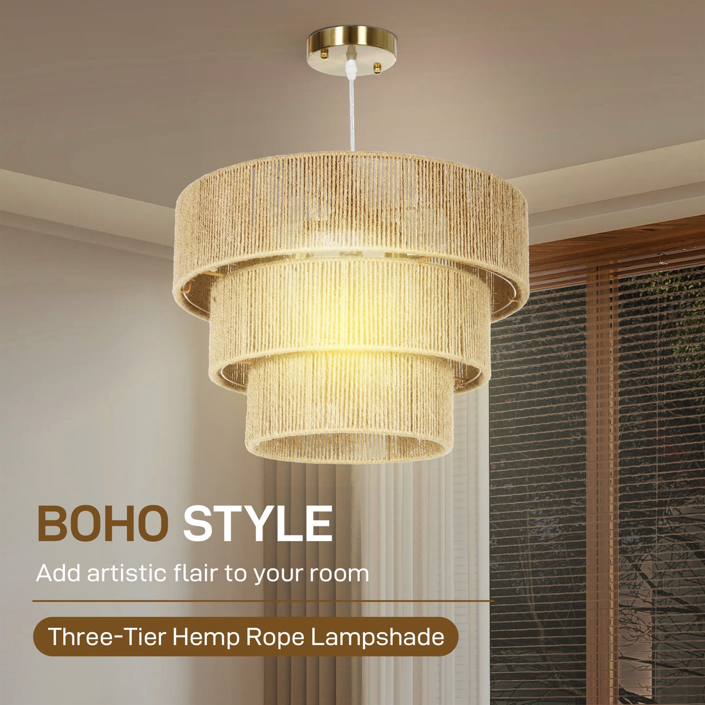 HOMCOM Hemp Rope Ceiling Light, 3-Layer Boho Pendant Light, E14 Vintage Ceiling Lamp Fixtures for Living Room, Bedroom, Kitchen, Hallway, Light Brown