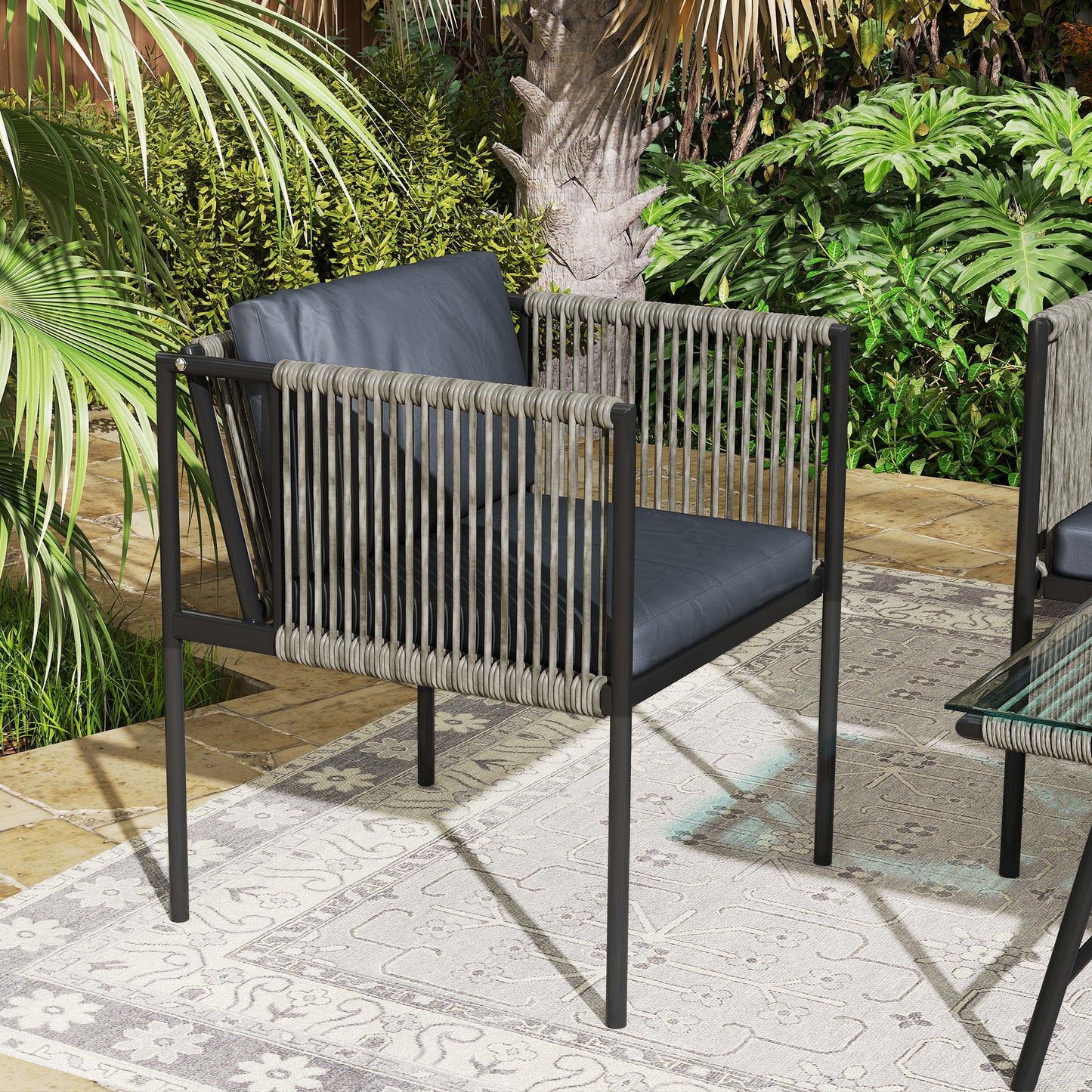 Outsunny 4 Piece Rattan Garden Furniture Set, 4 Seater Wicker Outdoor Furniture Set with 2 Armchairs, Loveseat, Glass Top Coffee Table and Cushions for Balcony, Porch, Grey