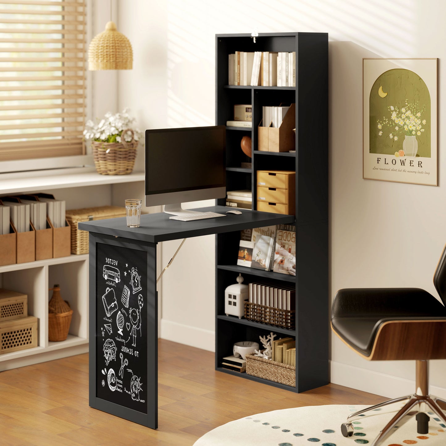 HOMCOM Three-Part Work Desk, with Storage and Chalkboard - Black