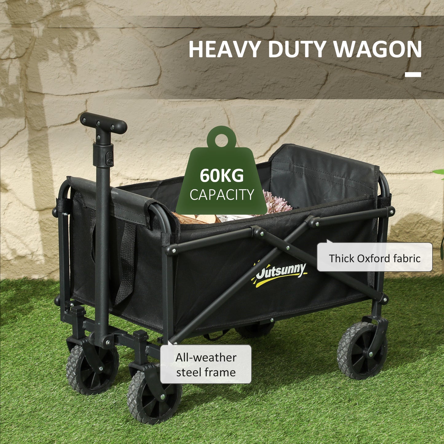 Outsunny 41L Festival Trolley on Wheels, Small Garden Folding Trolley Cart, 60kg Heavy Duty Collapsible Folding Wagon with Adjustable Handle and Carrying Bag for Beach, Camping, Festival, Black