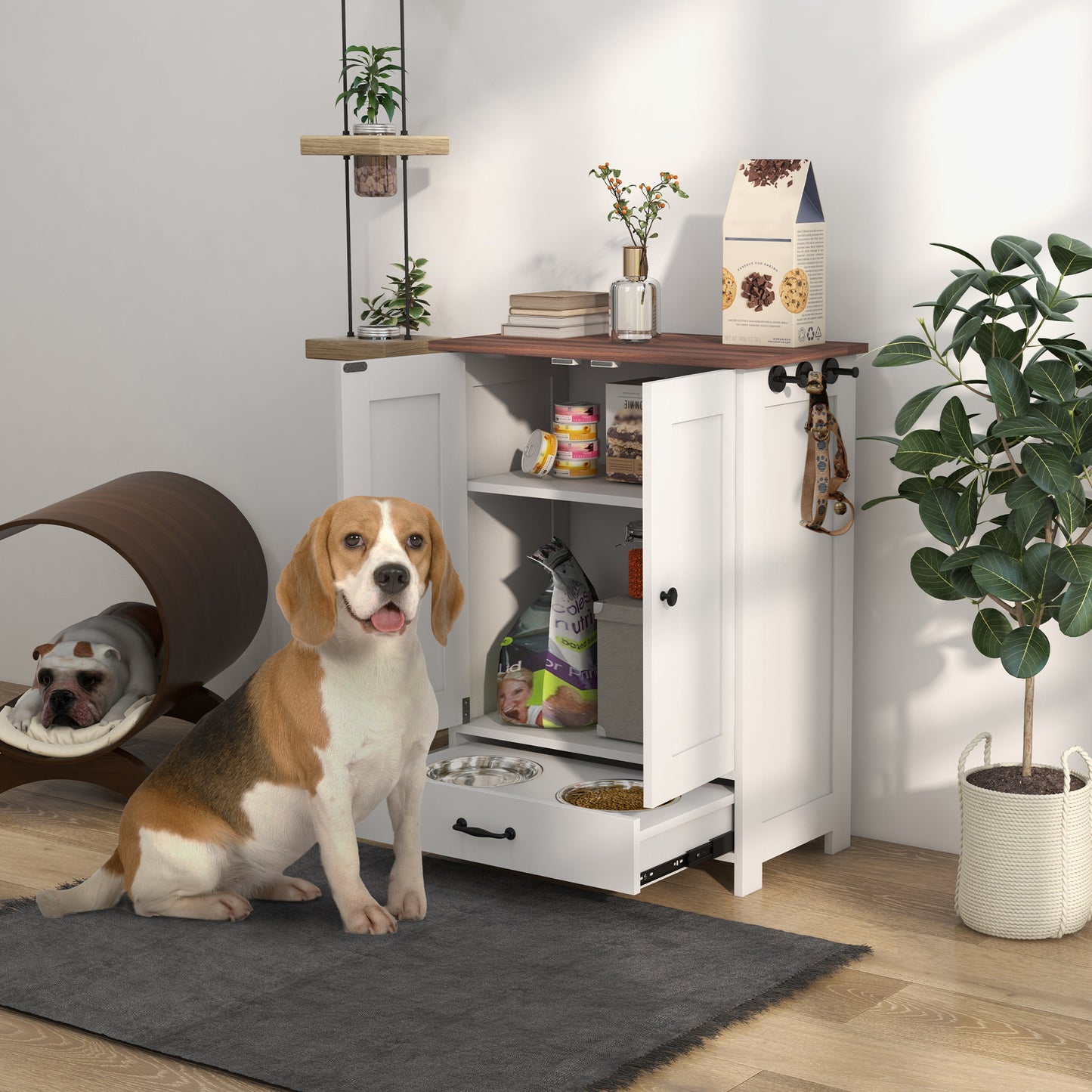 PawHut Pet Feeding Station with Raised Dog Bowls, Adjustable Panel, Hooks, Dog Food Storage Cabinet, White