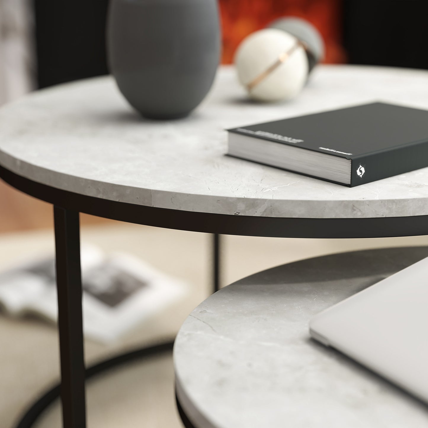 HOMCOM Set of Two Marble-Effect Stacking Tables - Wood Grey
