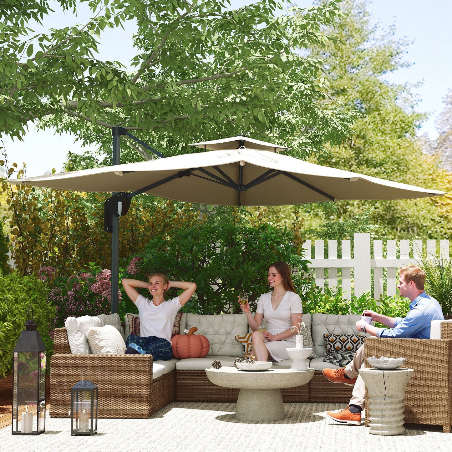 Outsunny 3.7 x 2.7 m Cantilever Parasol w/ 360° Rotation and Easy Tilt Adjustment, Aluminium Hanging Offset Outdoor Umbrella w/ Double Top and Cross Base, UPF50+ Hanging Sun Shade, Grey Wood Effect