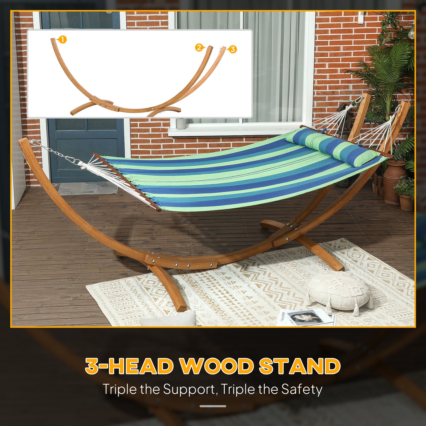 Outsunny Outdoor Hammock with Stand, Garden Hammock with Triple-Head Eucalyptus Wood Arc Frame, 1 Person Cotton Bed and Head Pillow, Freestanding Garden Swing Bed for Patio, Blue Stripe