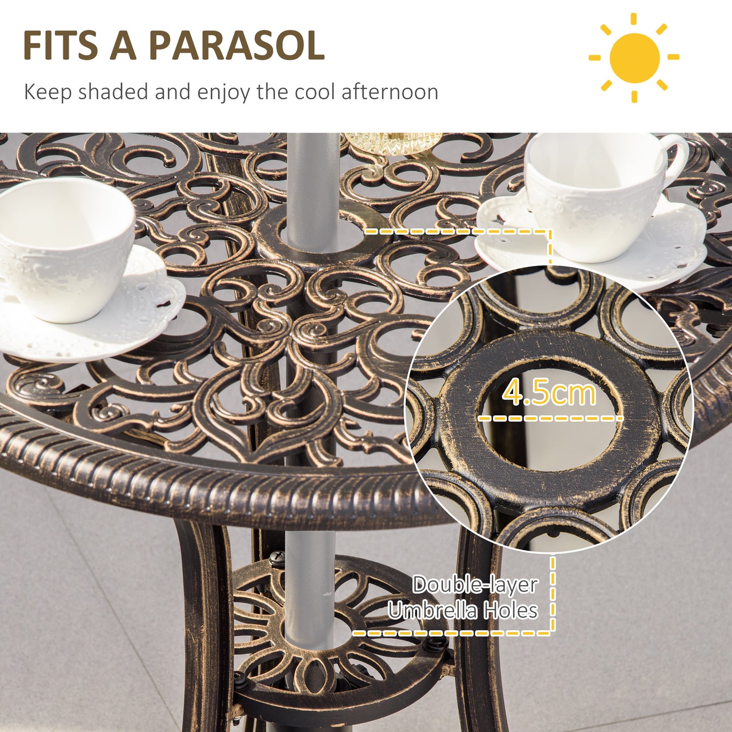 Outsunny 3pc Cast Aluminium Garden Bistro Set for 2 with Parasol Hole, Outdoor Coffee Table Set Rust Resistant with Cushions, Bronze