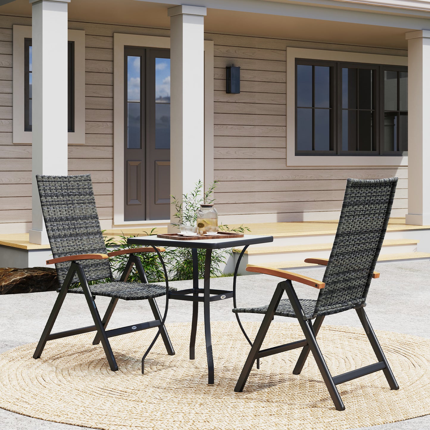 Outsunny 2 Pieces Outdoor Foldable Dining Chair with Armrests, High Backrest, for Garden, Camping, Balcony, Mixed-grey