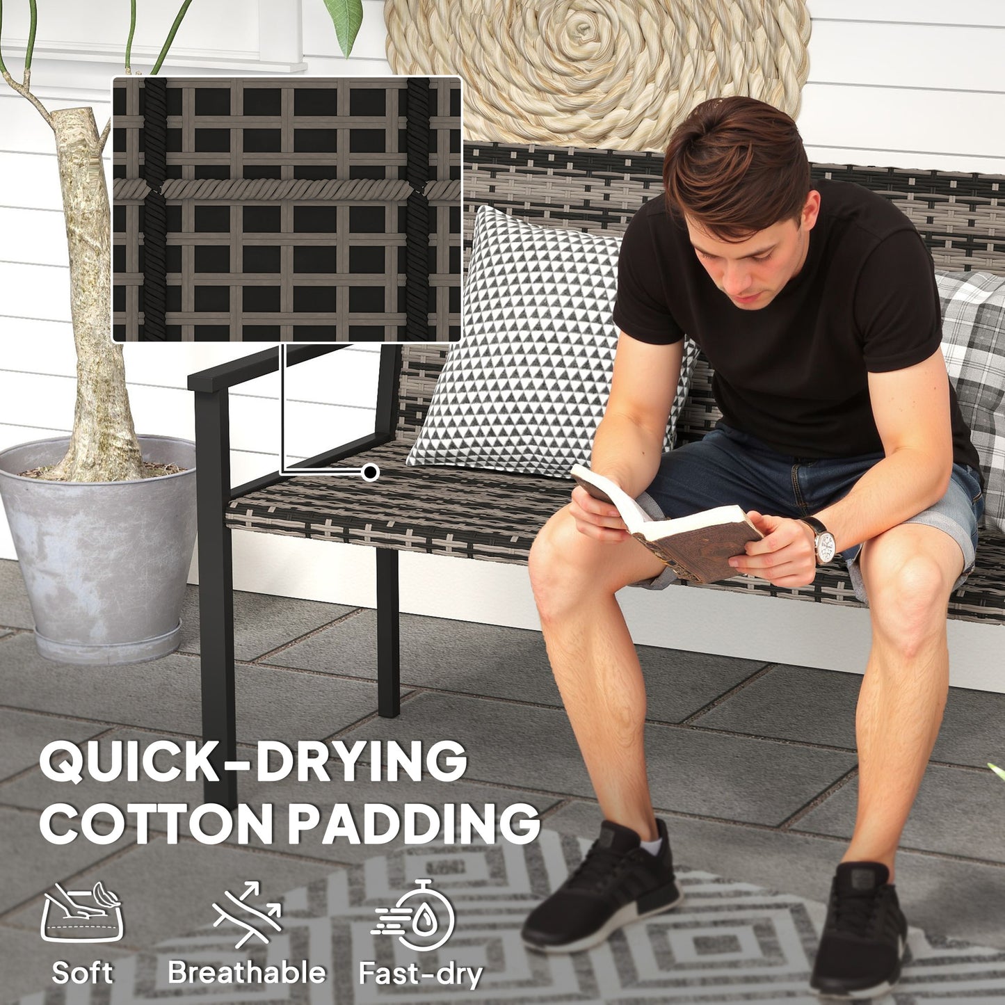 مقعد حديقة من الروطان من Outsunny، مقعد خارجي بحشوة قطنية سريعة الجفاف، أريكة حديقة من الخيزران مع مساند للذراعين، إطار فولاذي للفناء والحديقة، لون رمادي مختلط