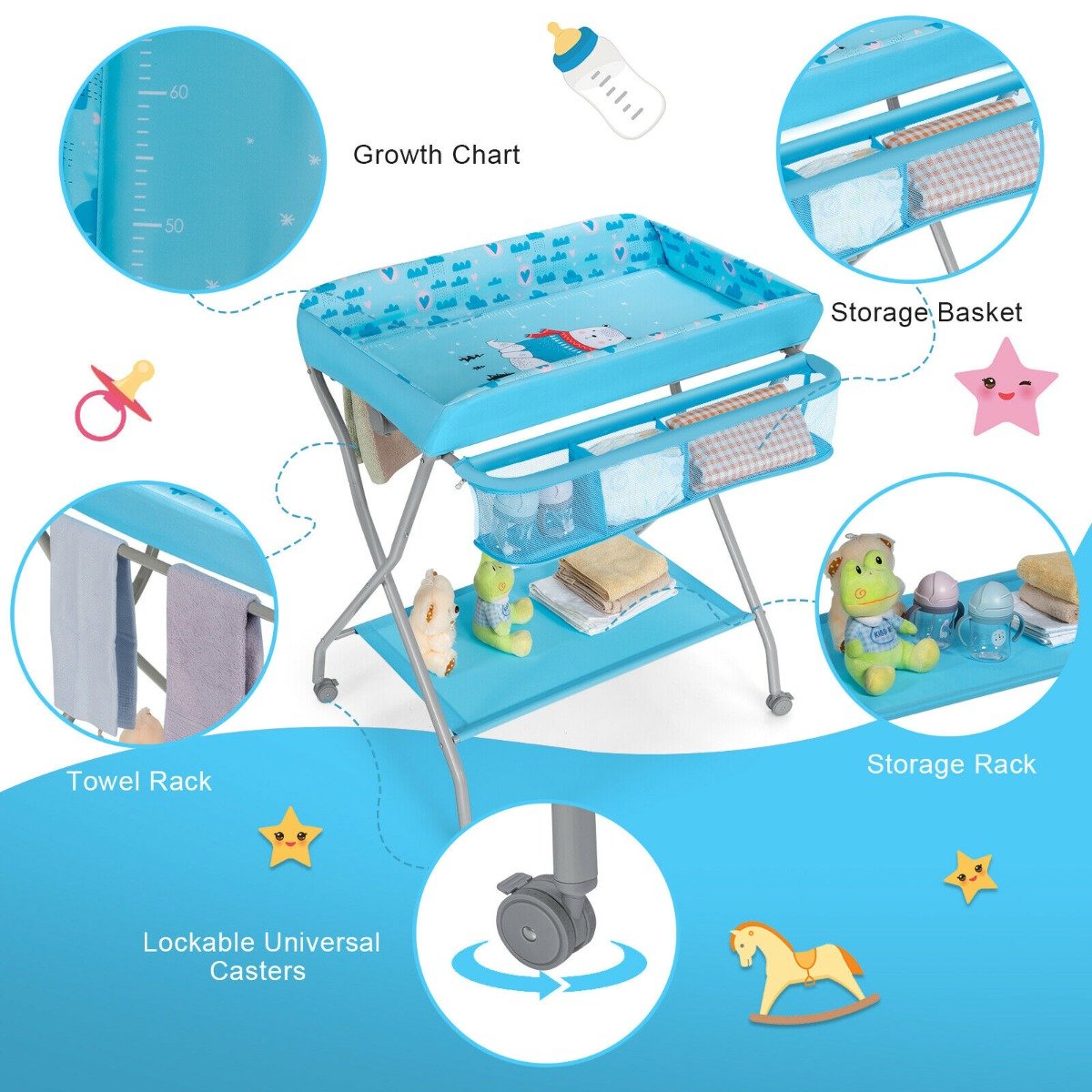 Rolling Baby Changing Table with Large Storage Basket-Blue