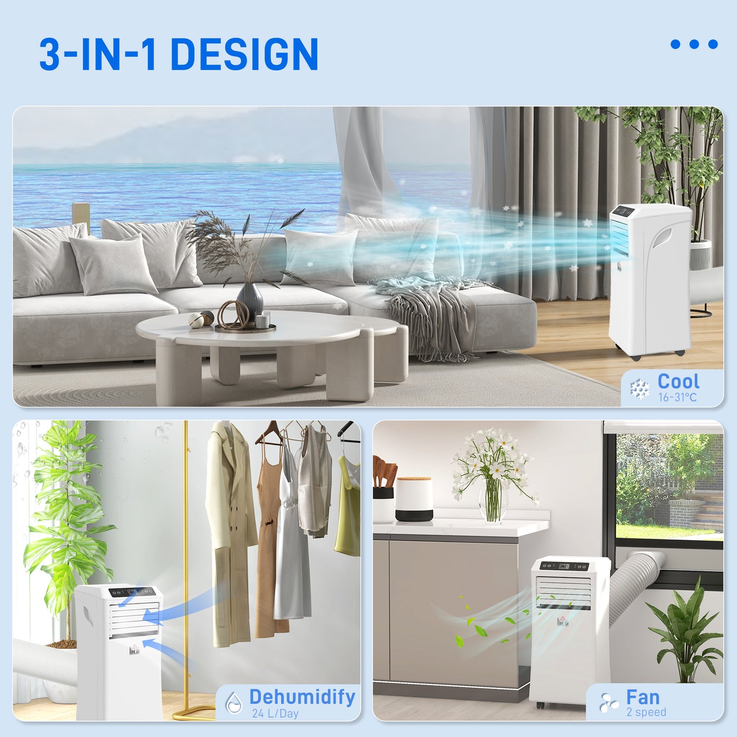 HOMCOM 10000 BTU Air Conditioning Unit, 3-in-1 Portable Air Conditioner, Dehumidifier, Cooling Fan with Remote Control, Digital Display, 2 Speeds, 24H Timer, Window Venting Kit, 30m²