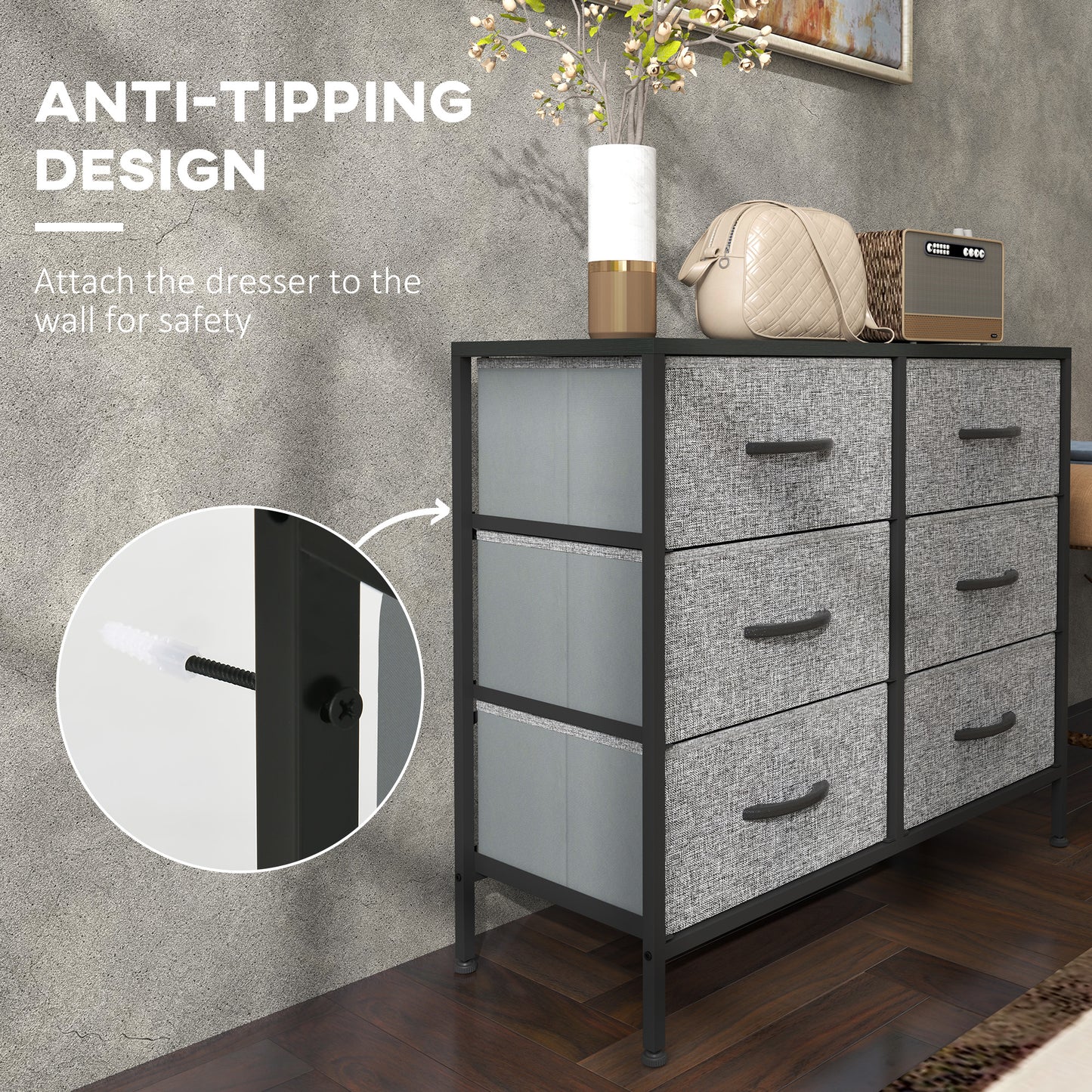 HOMCOM Fabric Chest of Drawers, Storage Drawers, Industrial Bedroom Dresser with 6 Fabric Drawers, Steel Frame and Wooden Top for Nursery, Living Room, Hallway, Black