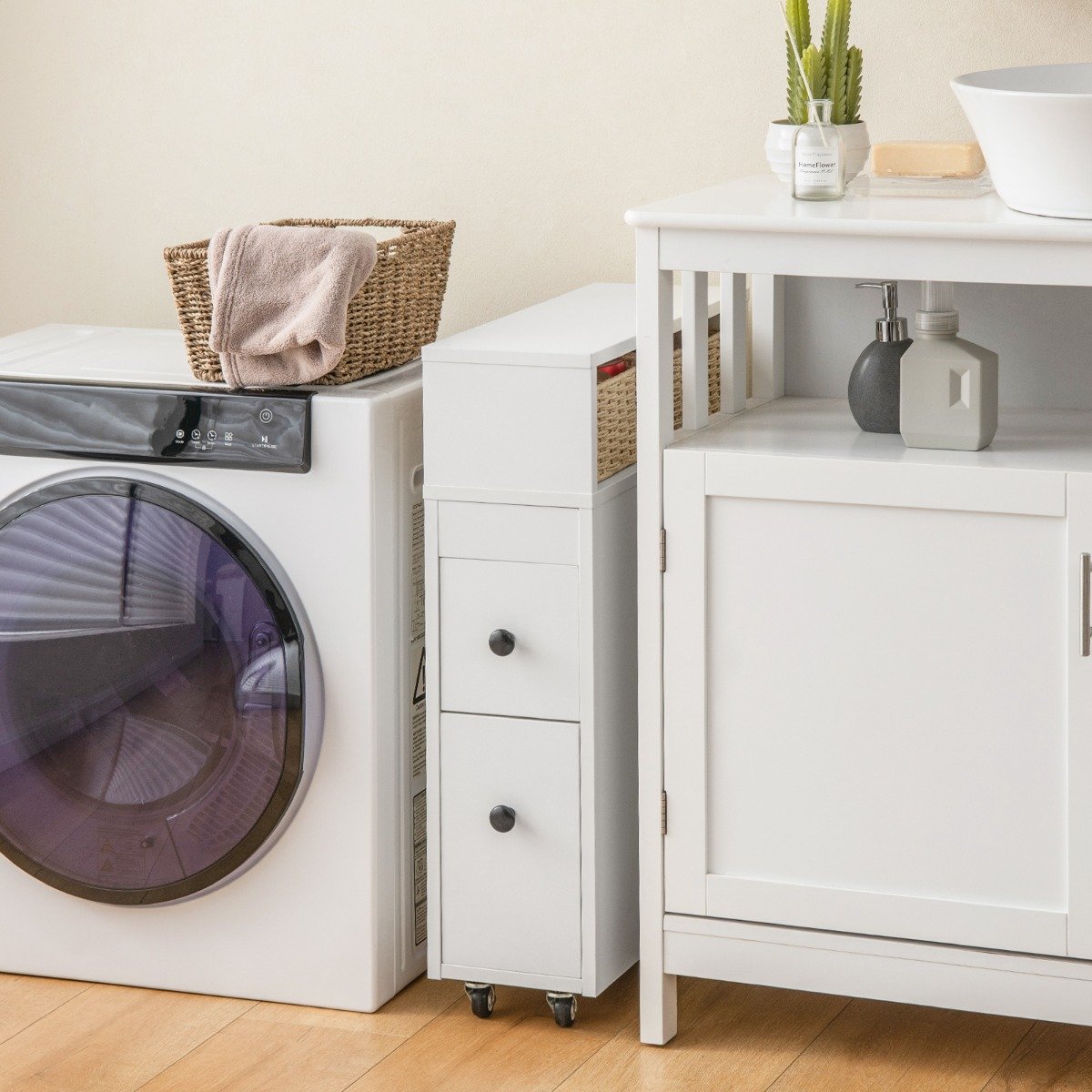 Movable Bathroom Storage Cabinet with 2 Slide Out Drawers-White