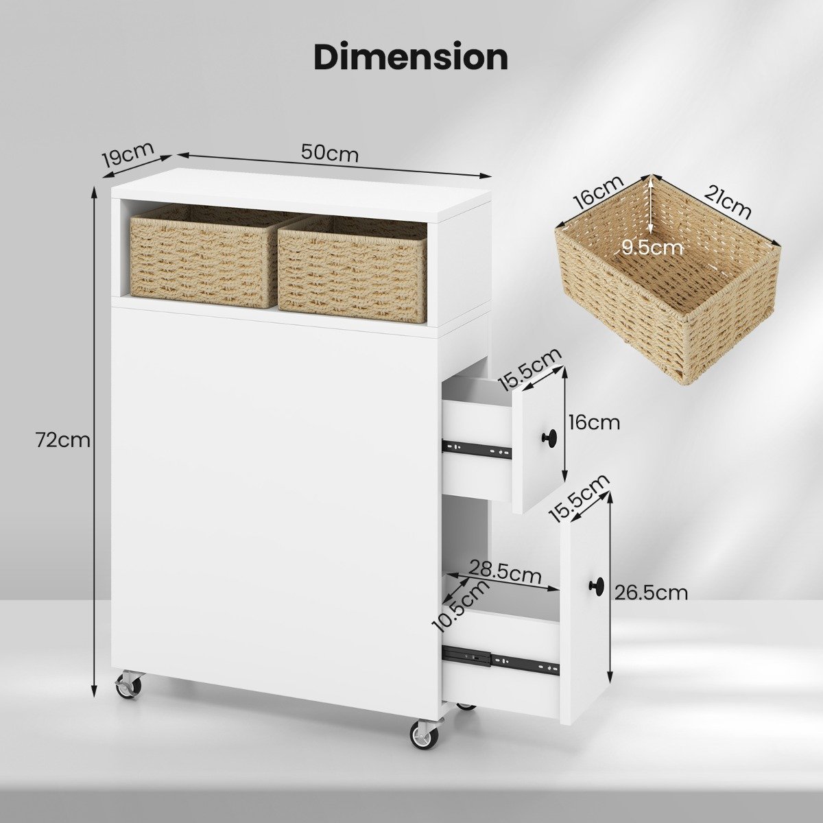 Movable Bathroom Storage Cabinet with 2 Slide Out Drawers-White