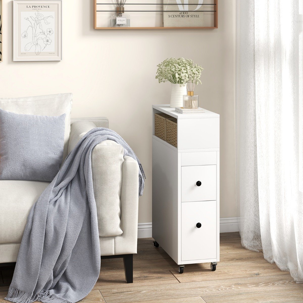 Movable Bathroom Storage Cabinet with 2 Slide Out Drawers-White