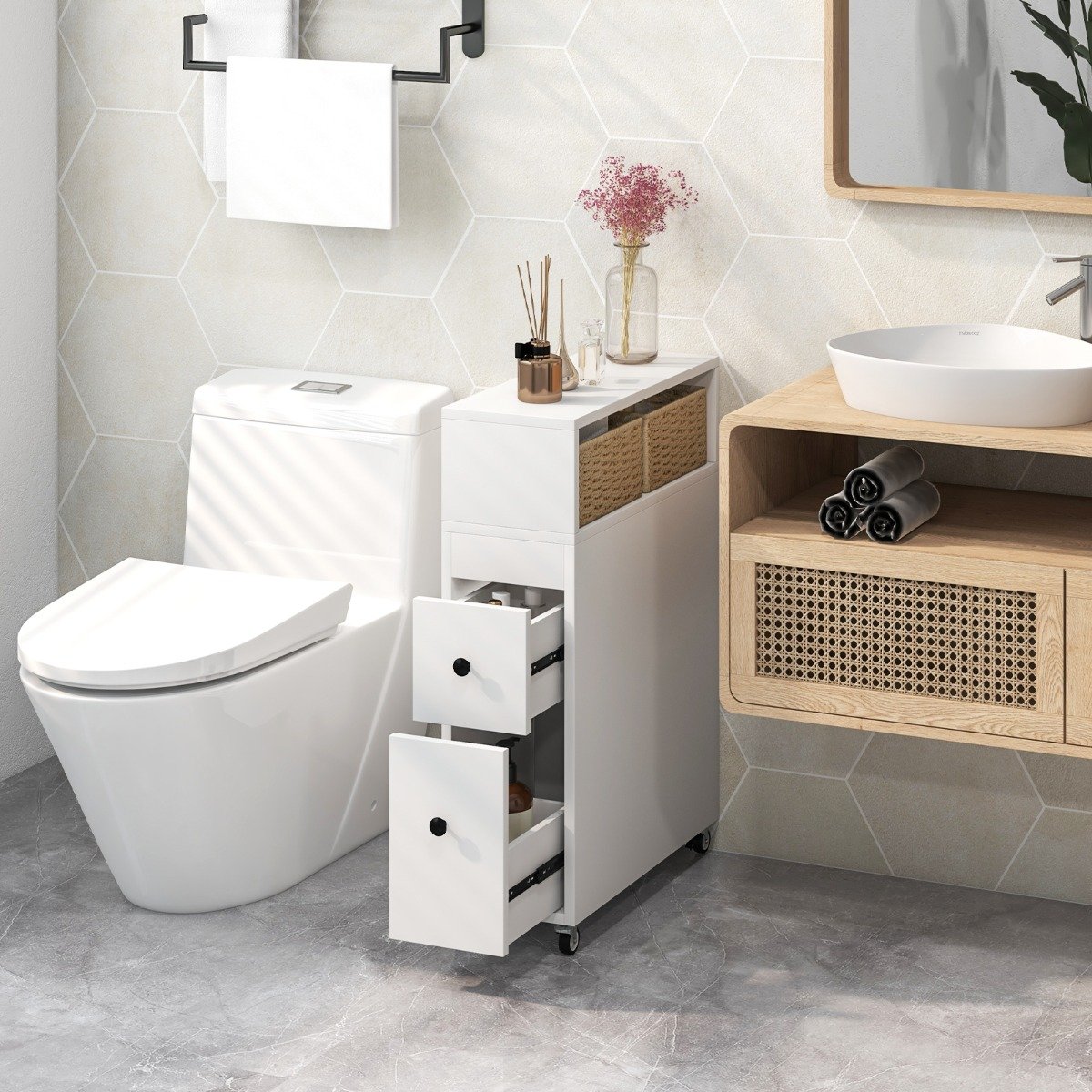 Movable Bathroom Storage Cabinet with 2 Slide Out Drawers-White