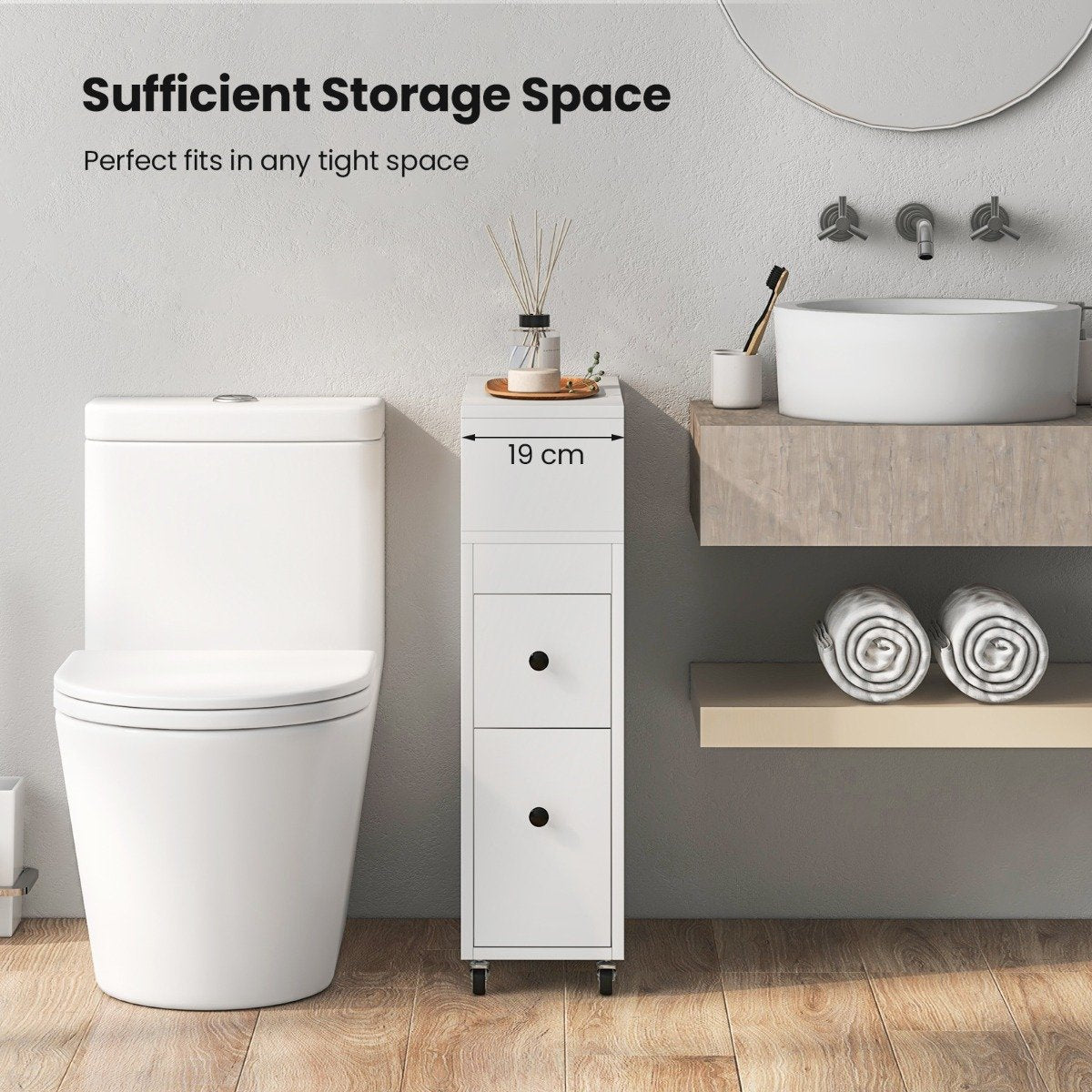 Movable Bathroom Storage Cabinet with 2 Slide Out Drawers-White