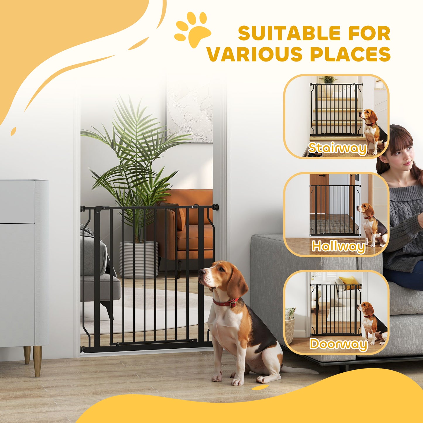 PawHut Extra Wide Dog Safety Gate, with Door Pressure, for Doorways, Hallways, Staircases - Black