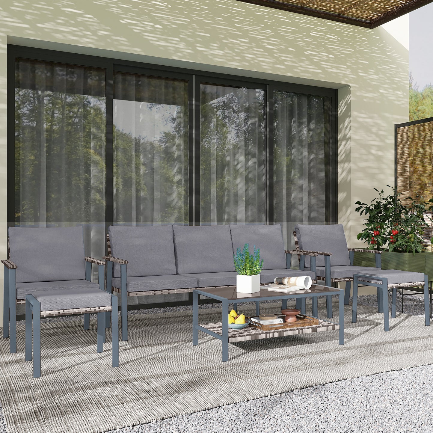 Outsunny Six-Piece Rattan Garden Sofa Set - Grey