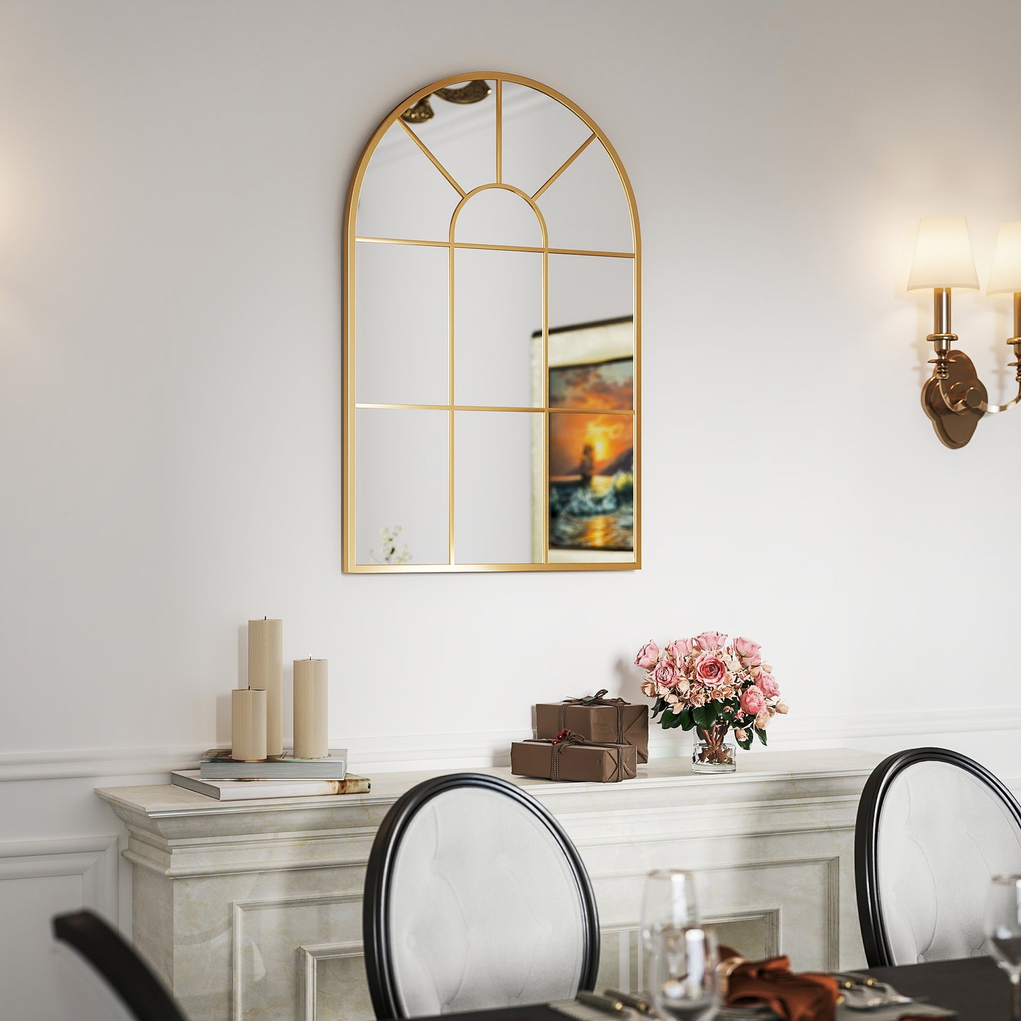 HOMCOM Modern Arched Wall Mirror, 91 x 60 cm Window Mirrors for Living Room, Bedroom, Gold Tone