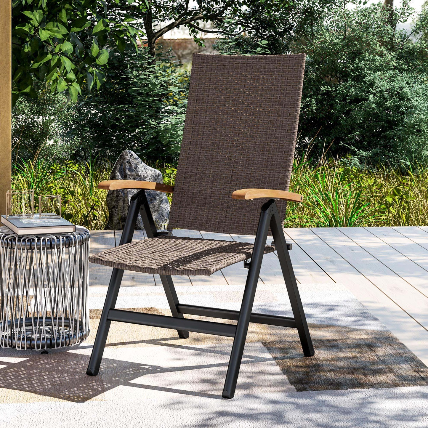 Outsunny Outdoor Folding Rattan Chair with Armrests, High Backrest, for Garden, Camping, Balcony, Porch - Brown