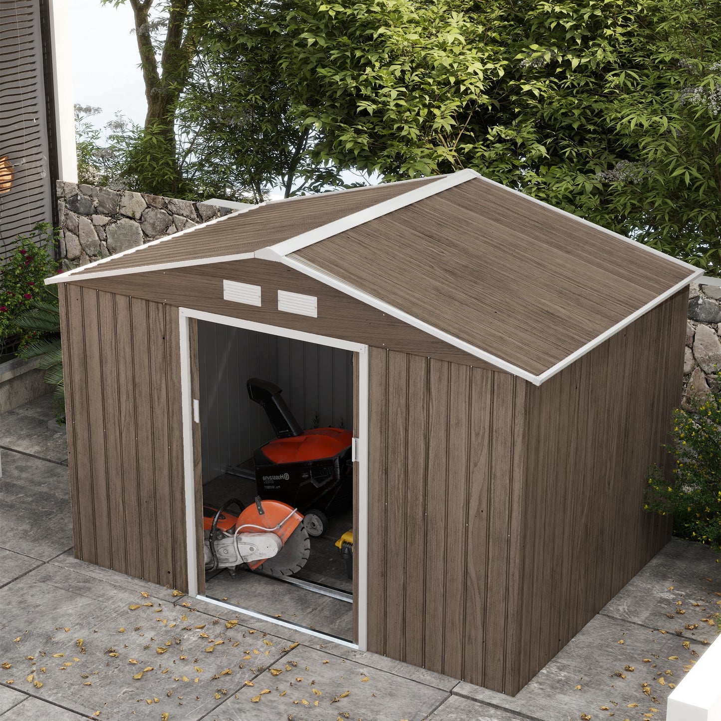 Outsunny 9 x 6ft Steel Garden Shed, Outdoor Storage Tool House with Vents, Foundation and Lockable Double Doors, Brown