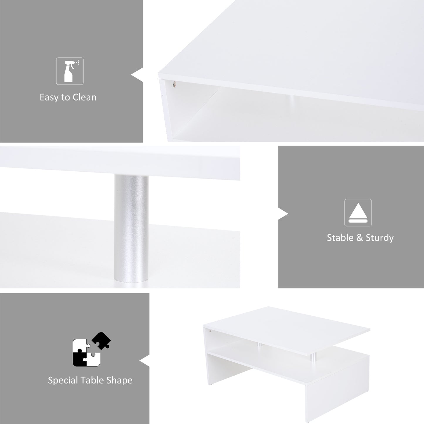 HOMCOM Coffee Table with Storage, 2-Tier Centre Table, Modern Living Room Table with Open Shelf and Aluminium Poles, White