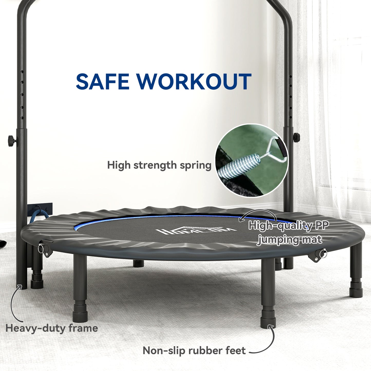 HOMCOM 48" Foldable Mini Fitness Trampoline, with Adjustable Foam Handle, Blue