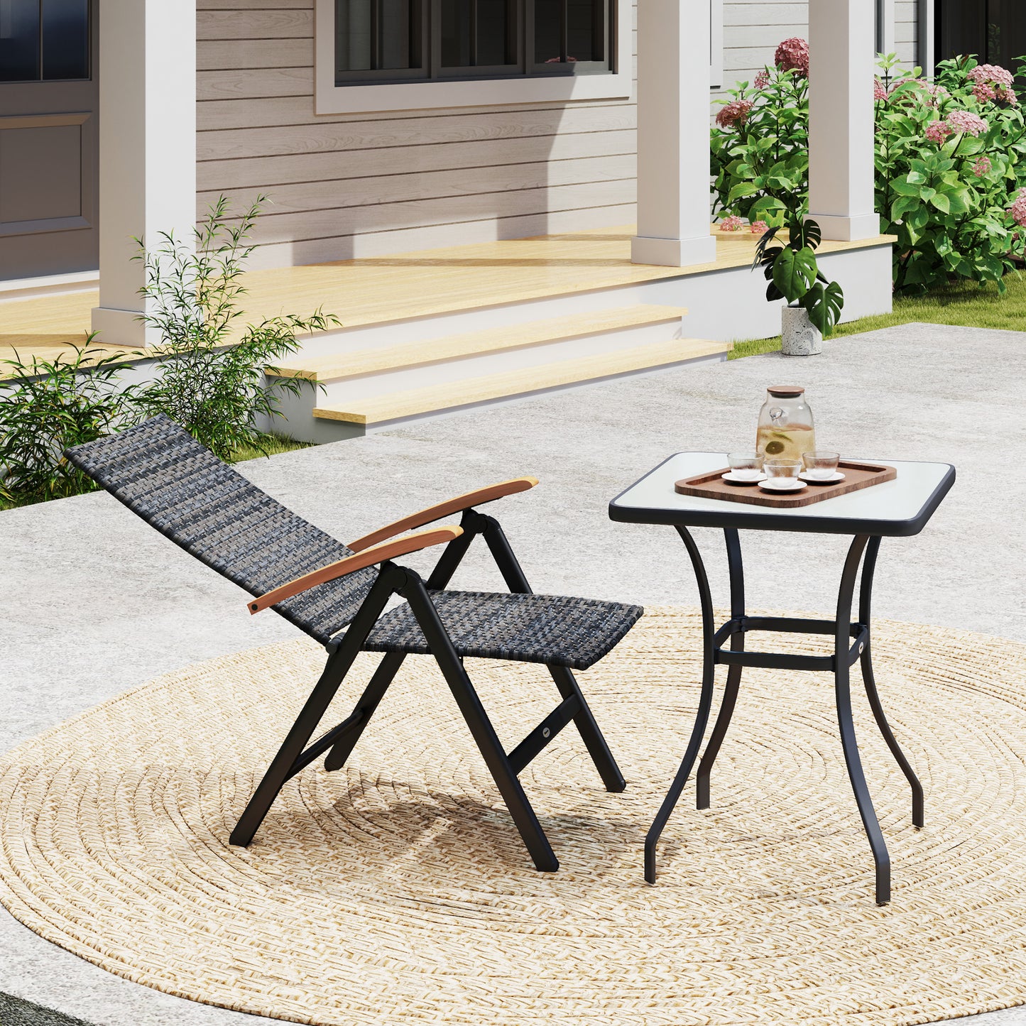 Outsunny Outdoor Folding Rattan Chair with Armrests, High Backrest, for Garden, Camping, Balcony, Porch - Mixed-grey