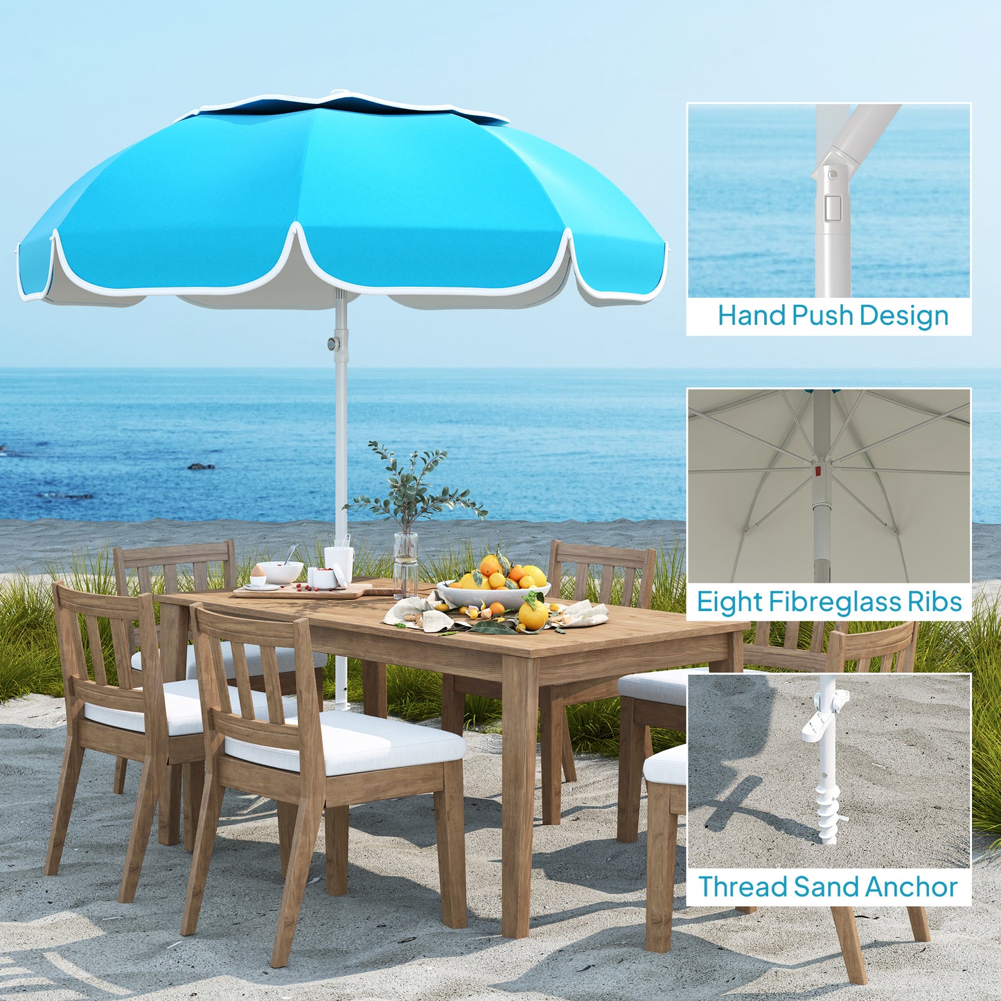 Outsunny Beach Umbrella Portable with Sand Anchor, Carry Bag, Adjustable Height & Tilt, UPF50+ UV Protection, Blue