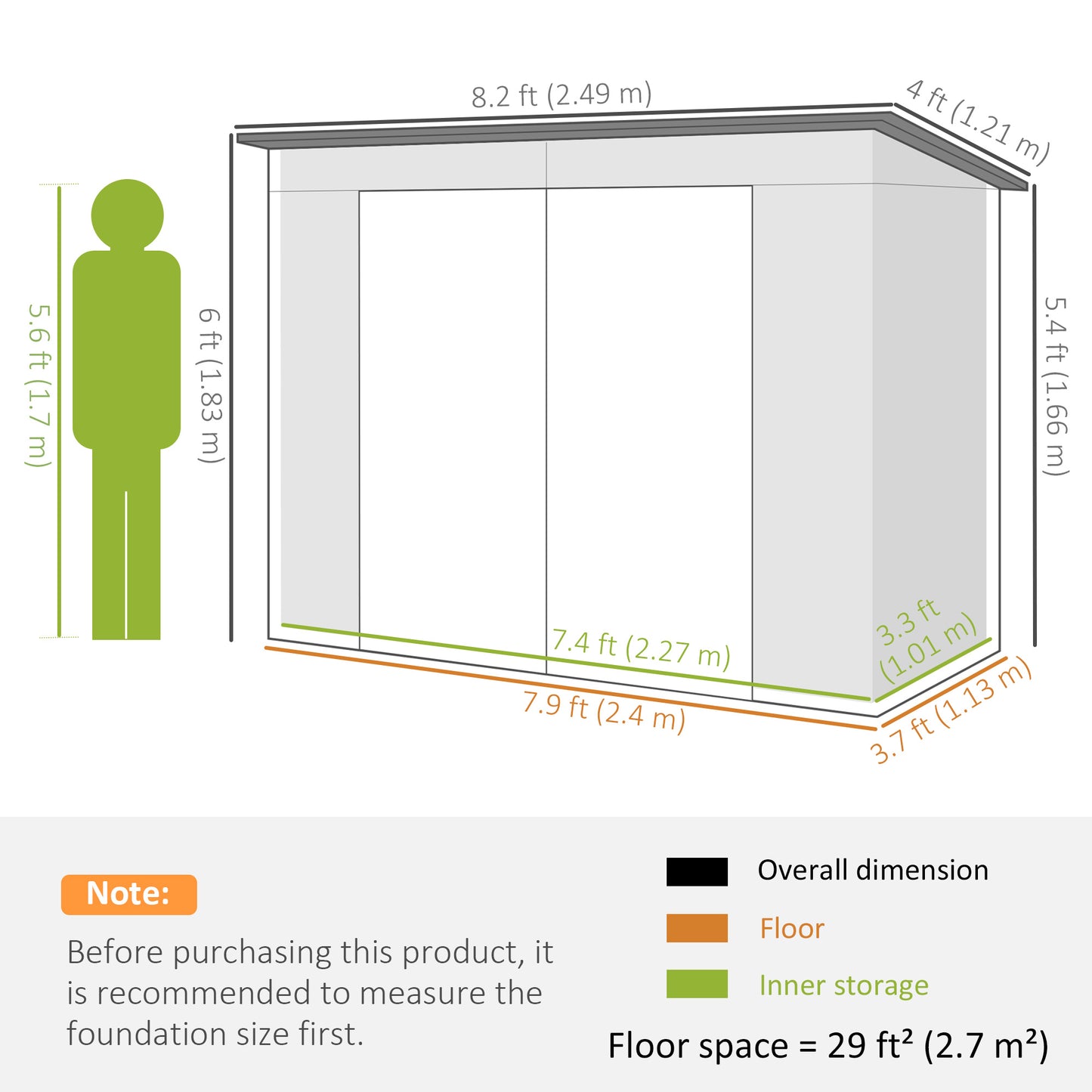 Outsunny 3.7 x 7.9ft Galvanised Steel Shed, with Latched Door and Padlock - Grey