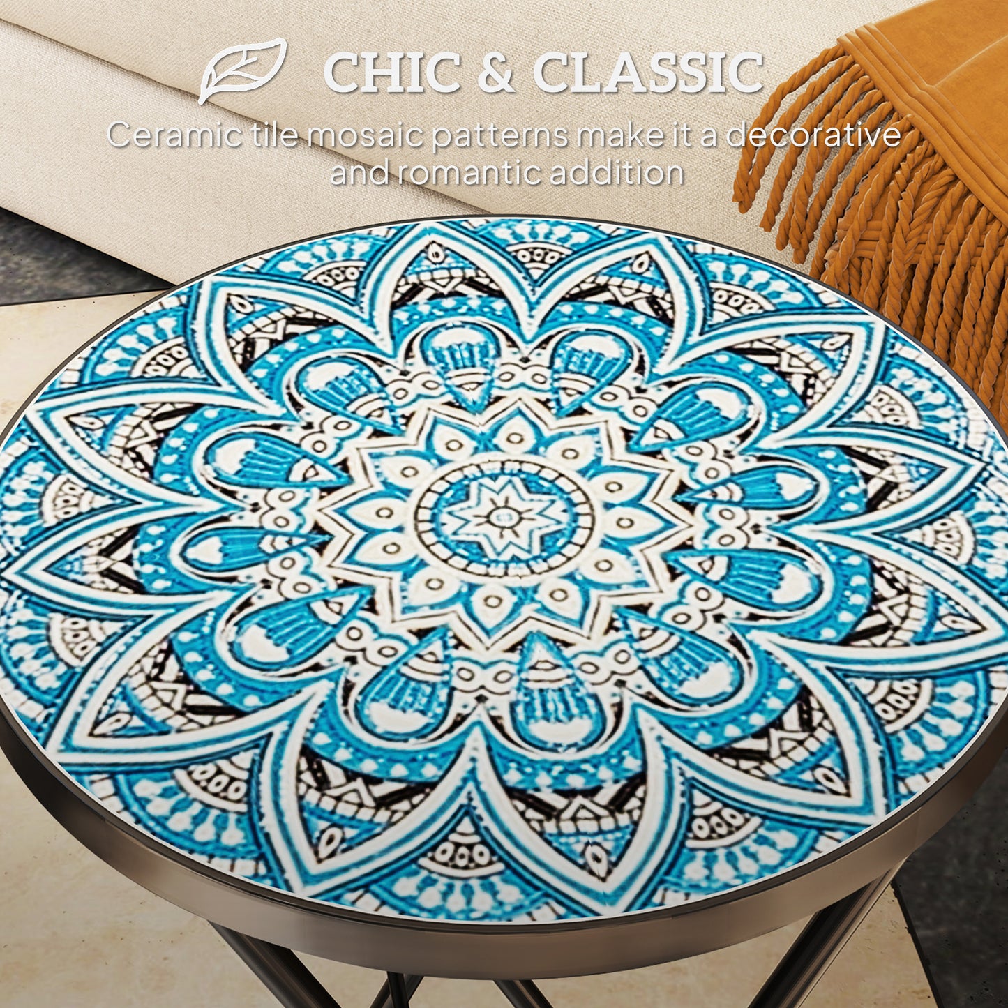 طاولة خارجية للحديقة من Outsunny Mosaic، طاولة قهوة مستديرة قابلة للطي مقاس 35.5 سم بإطار معدني للشرفة والتراس، لون أزرق