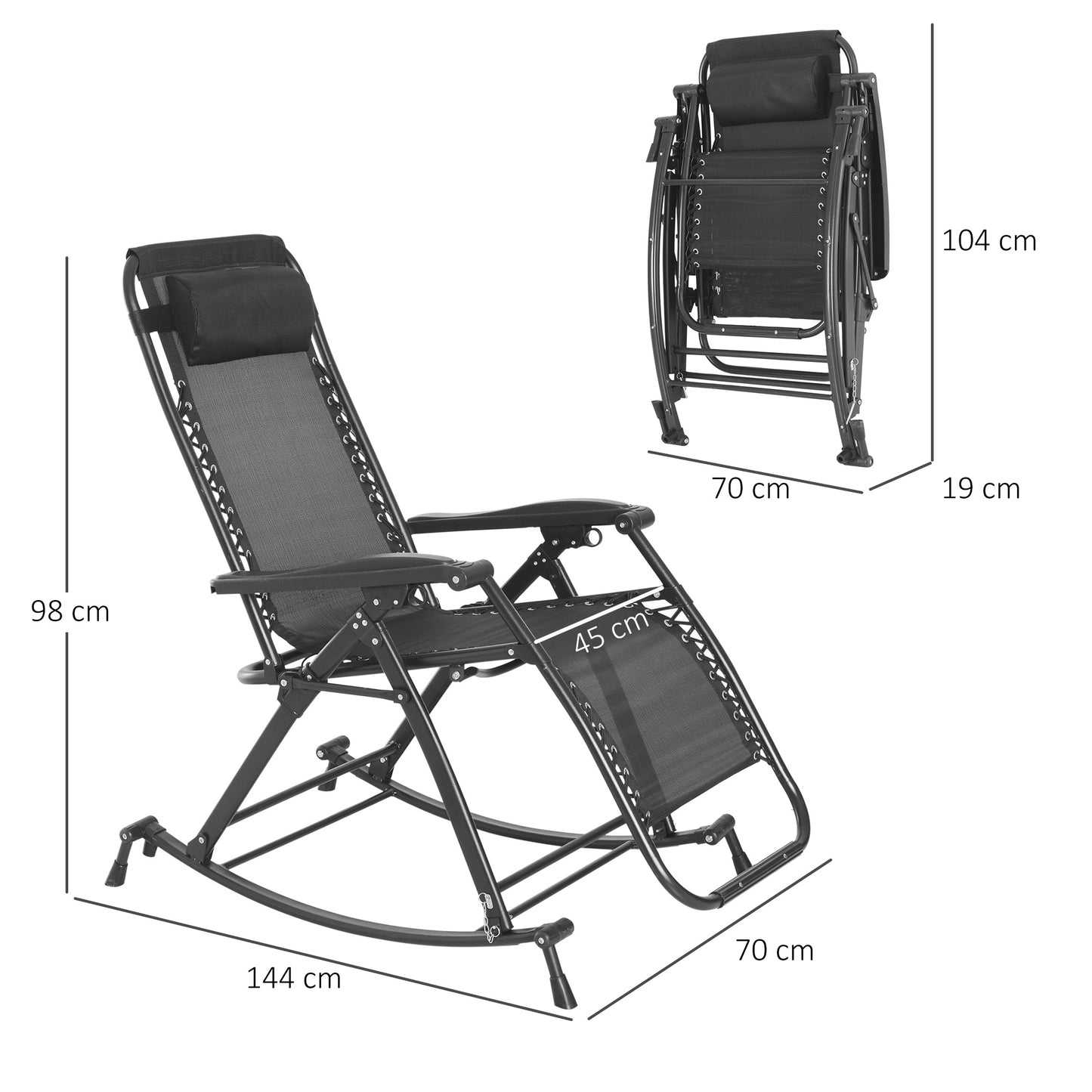 Outsunny Garden Rocking Chair Folding Recliner Outdoor Adjustable Sun Lounger Rocker Zero-Gravity Seat with Headrest Side Holder Patio Deck - Grey