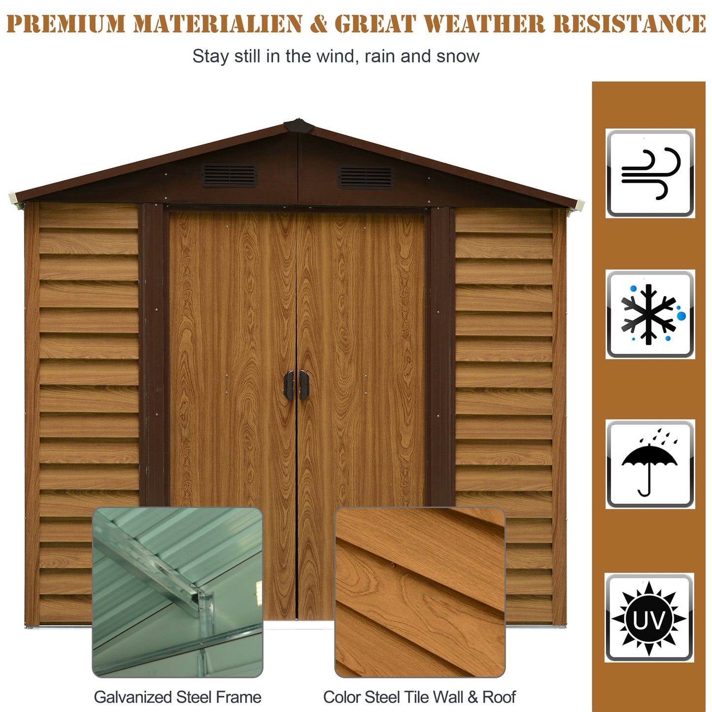 Outsunny 8 x 6ft Metal Garden Shed, House Hut Gardening Tool Storage with Ventilations, Sliding Door, Sloped Roof and Foundation Kit for Garden, Patio, Brown