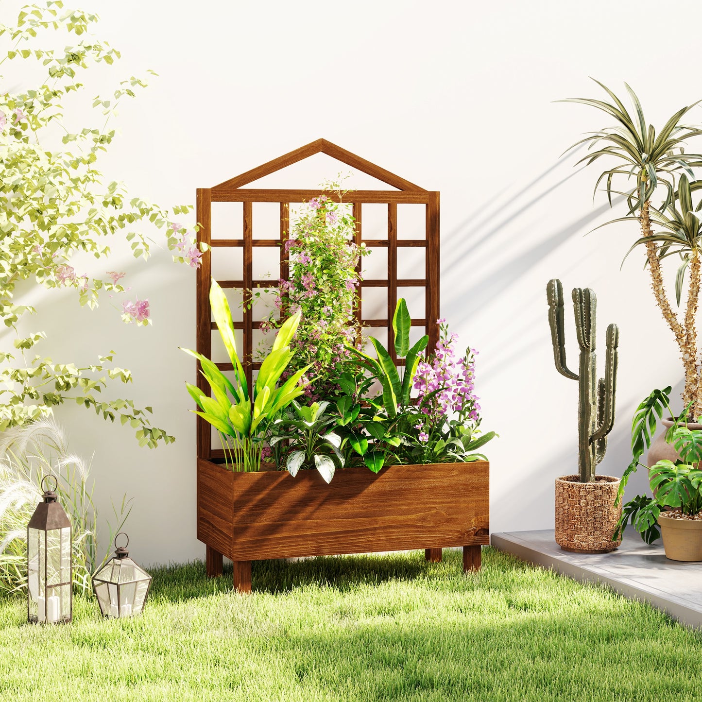 أوت صني، أحواض زراعة للحديقة مع تعريشة لتسلق الكروم، أحواض خشبية مرتفعة، 90×43×150 سم، بني