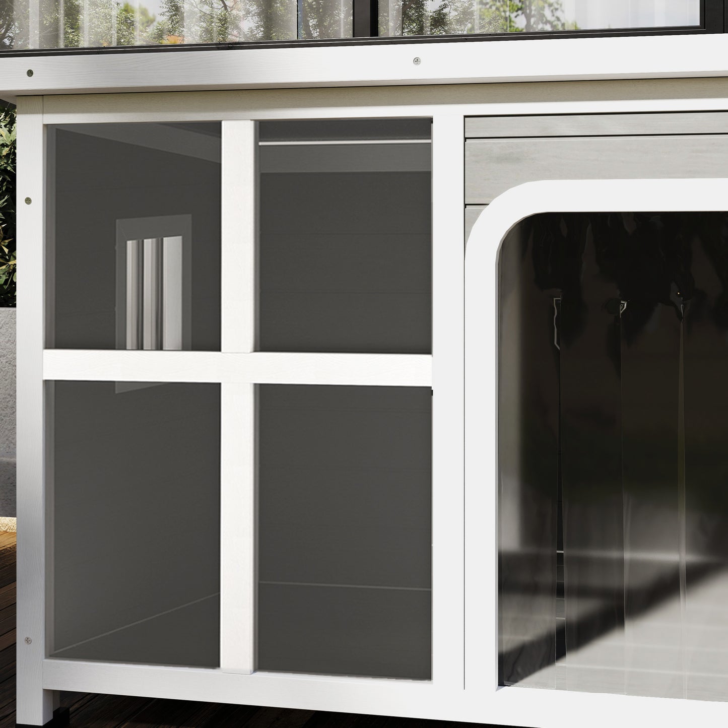 PawHut Wooden Outdoor Dog House with Asphalt Openable Top, Removable Floor, Clear Front Panel, Curtain, Light Grey