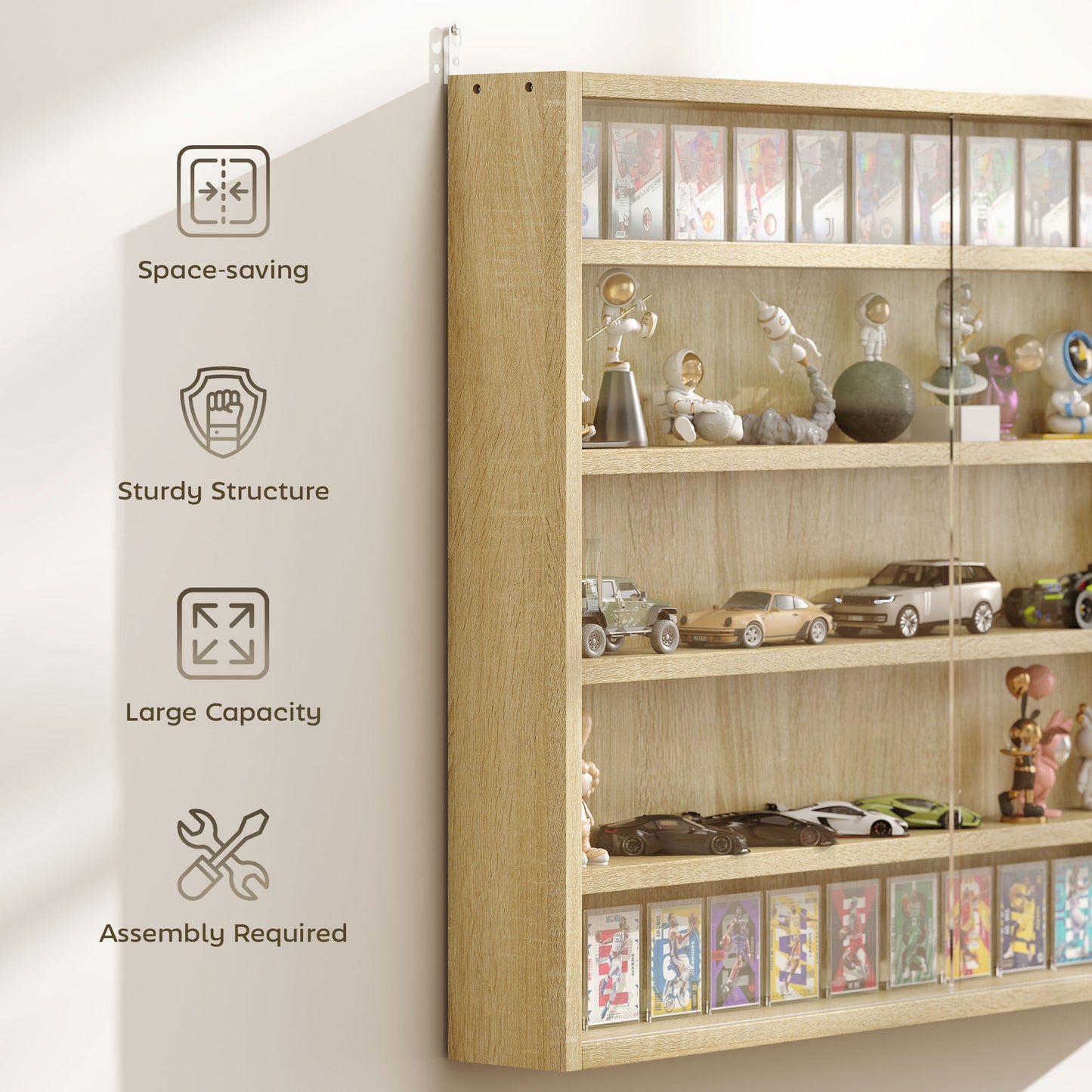 HOMCOM 5-Tier Wall Display Shelf Unit Cabinet w/ 4 Adjustable Shelves Glass Doors Home Office Ornaments 60x80cm Oak