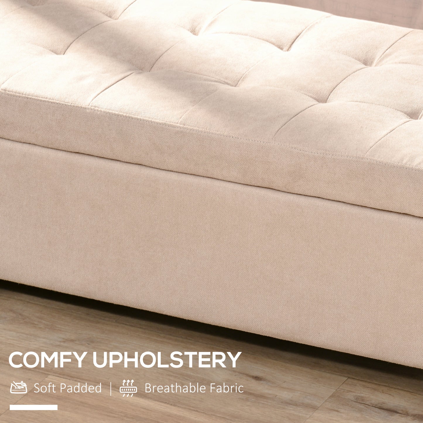 HOMCOM Linen Storage Ottoman, End of Bed Bench, Padded Footrest Seat with Tufting Design, Hinged Lid and Wood Frame 125L x 49W x 41.5H cm Beige