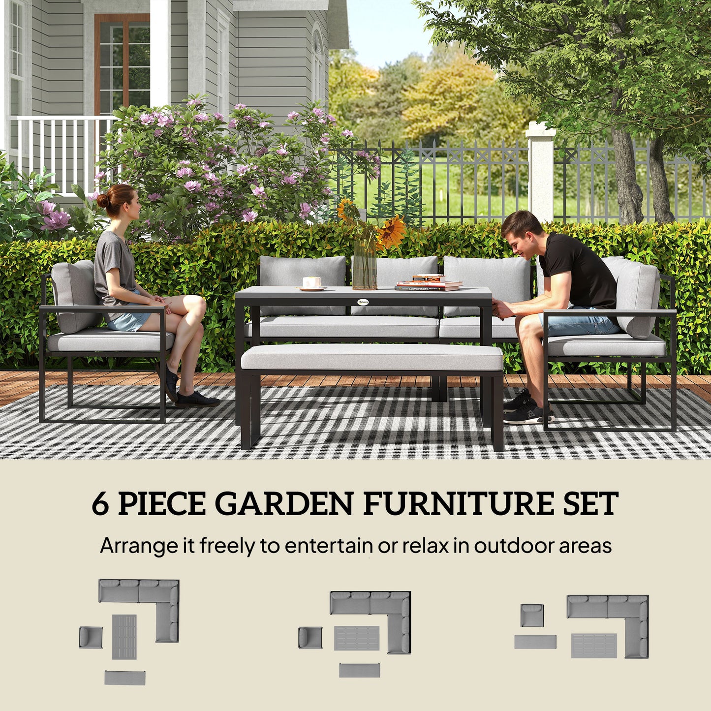 Outsunny Six Piece L Shaped Garden Furniture Set with 3 Loveseats - Grey