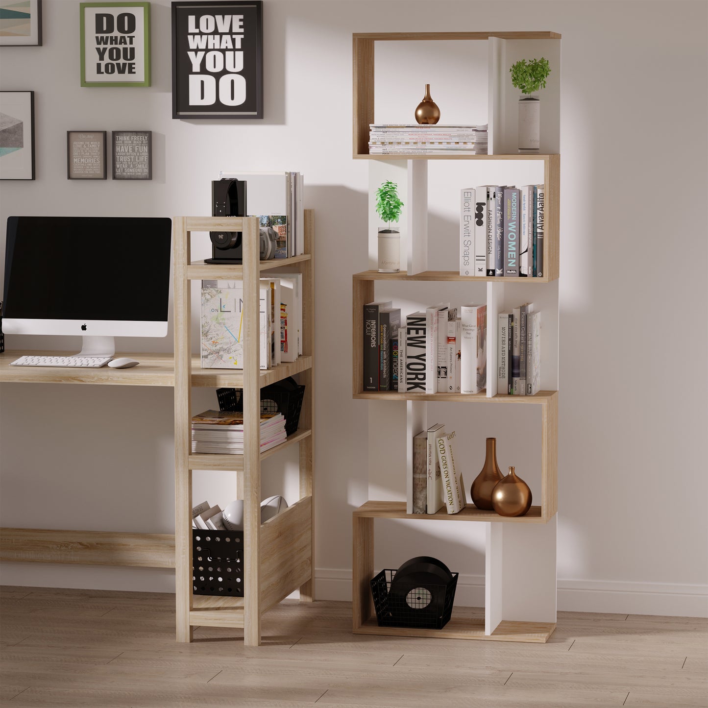 HOMCOM Bookcase, S-Shaped Wooden Bookshelf, 5/6 Tiers Freestanding Storage Shelf, Home Office Decorative Display Stand Rack, Oak and White, 24D x 60W x 184.5H