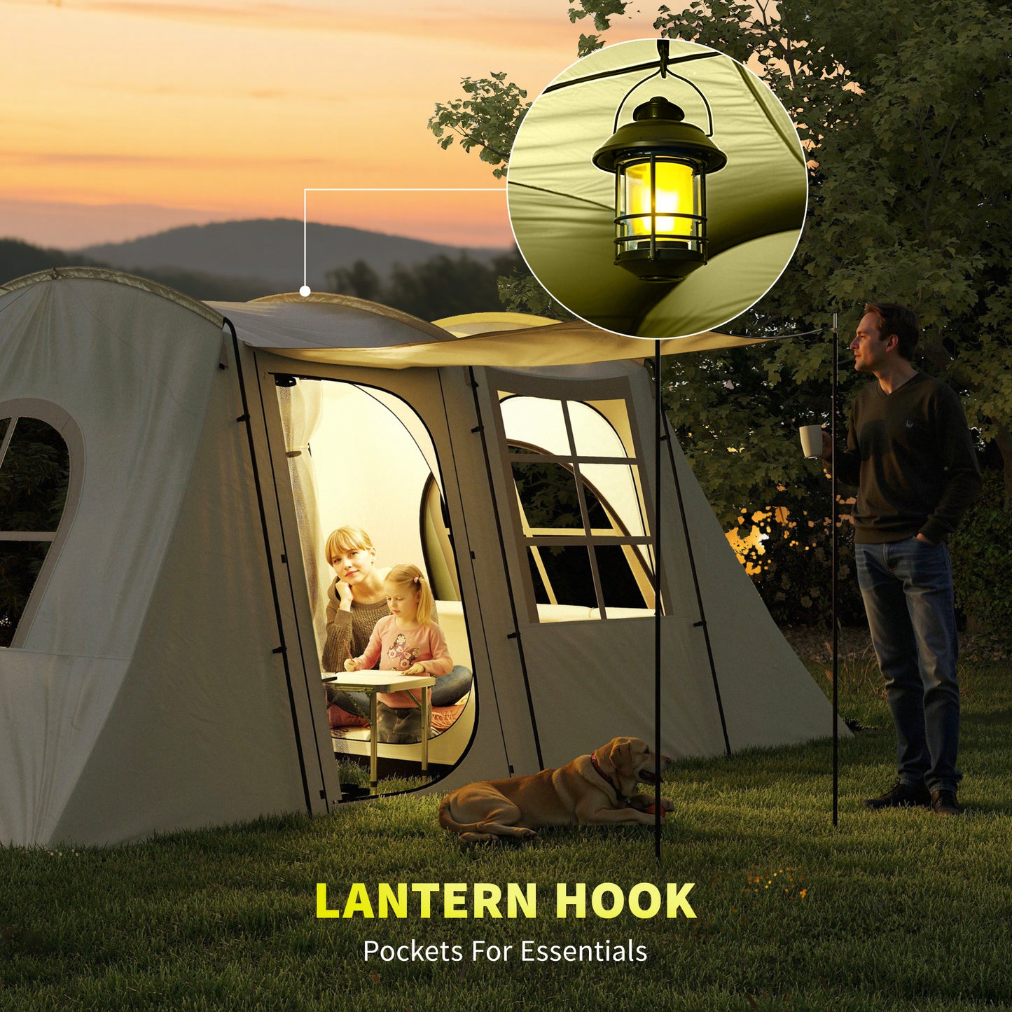Outsunny 4 Man Tunnel Tent, Family Camping Tent with Porch, Bedroom and Living Area, Sewn in Groundsheet, 3000mm Waterproof, Portable with Bag for Hiking, Festival, Backpacking, Khaki