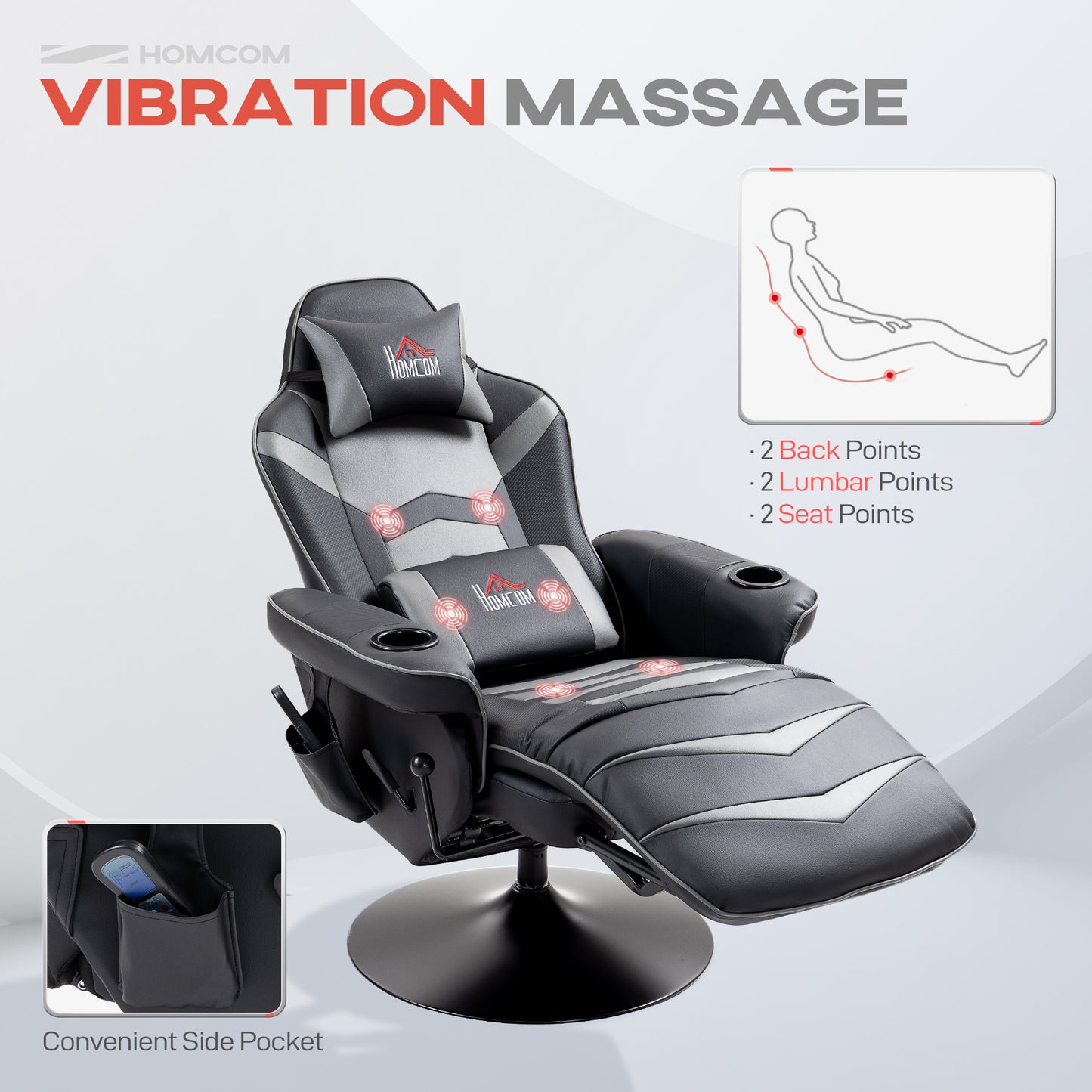 HOMCOM Massage Recliner Chair with Remote, PU Leather Recliner Armchair with Cup Holders and Side Pockets, Racing Style Reclining Chair with Headrest, 360° Swivel, Lumbar Support, Grey