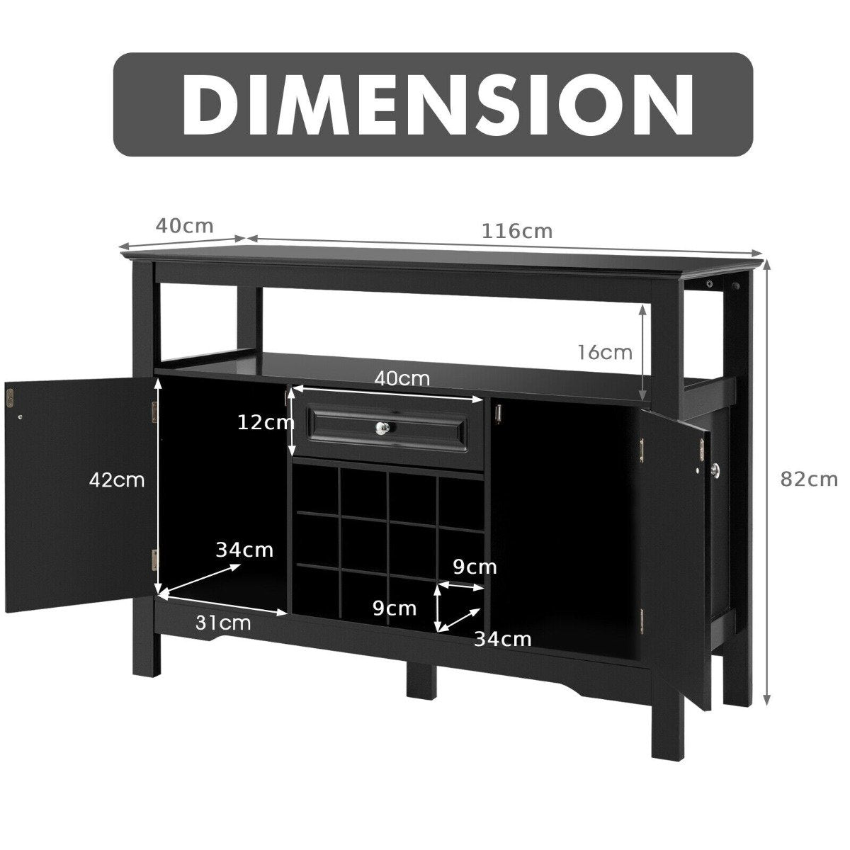 Modern Sideboard with 12 Wine Rack for Dining Room-Black