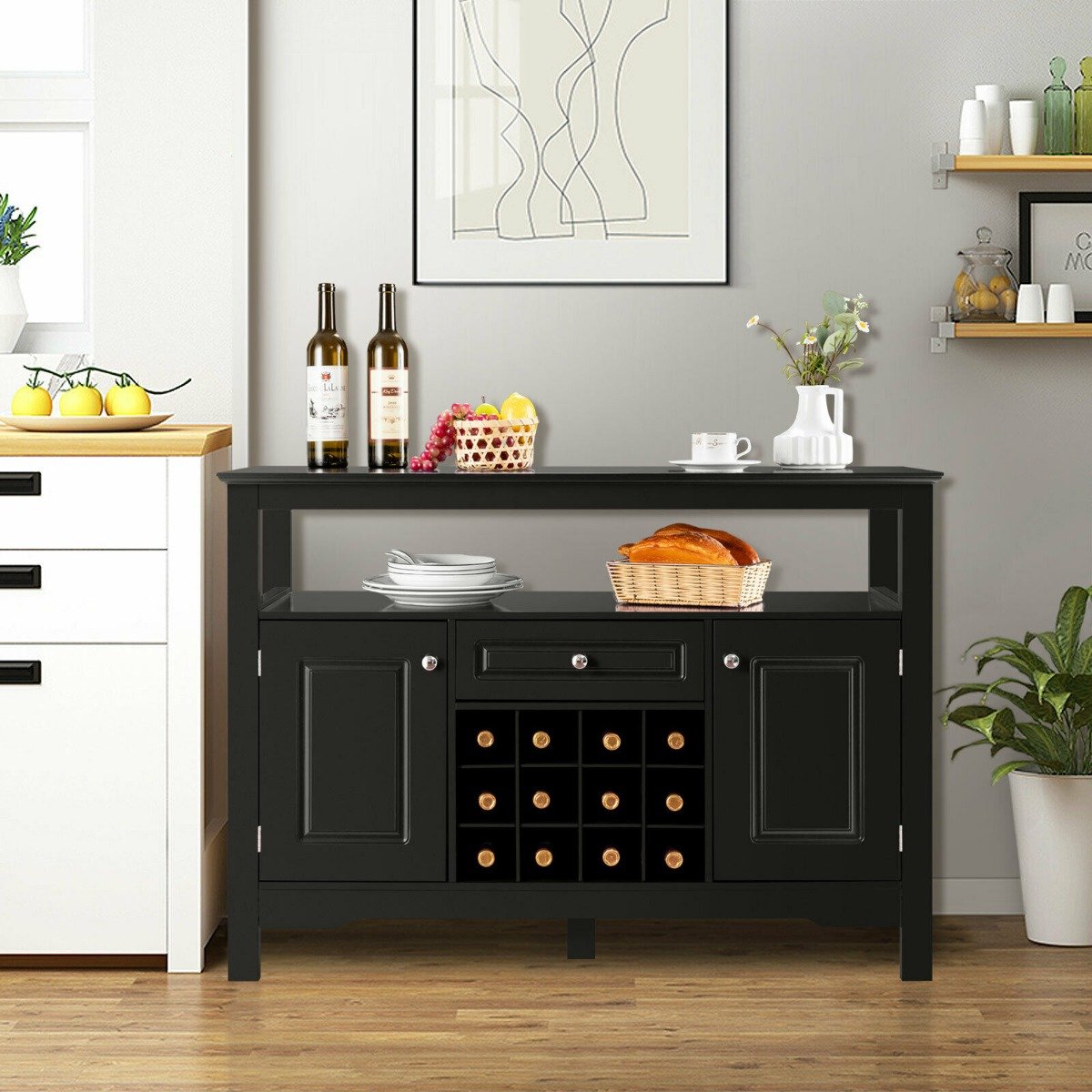 Modern Sideboard with 12 Wine Rack for Dining Room-Black