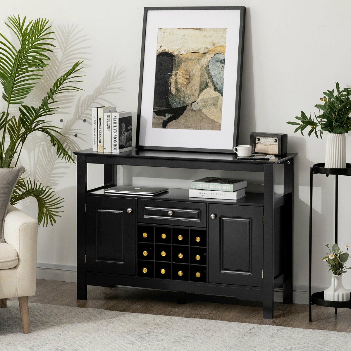 Modern Sideboard with 12 Wine Rack for Dining Room-Black