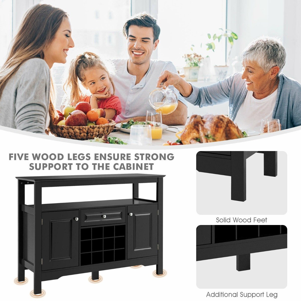 Modern Sideboard with 12 Wine Rack for Dining Room-Black