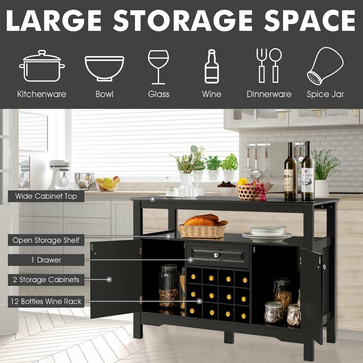 Modern Sideboard with 12 Wine Rack for Dining Room-Black