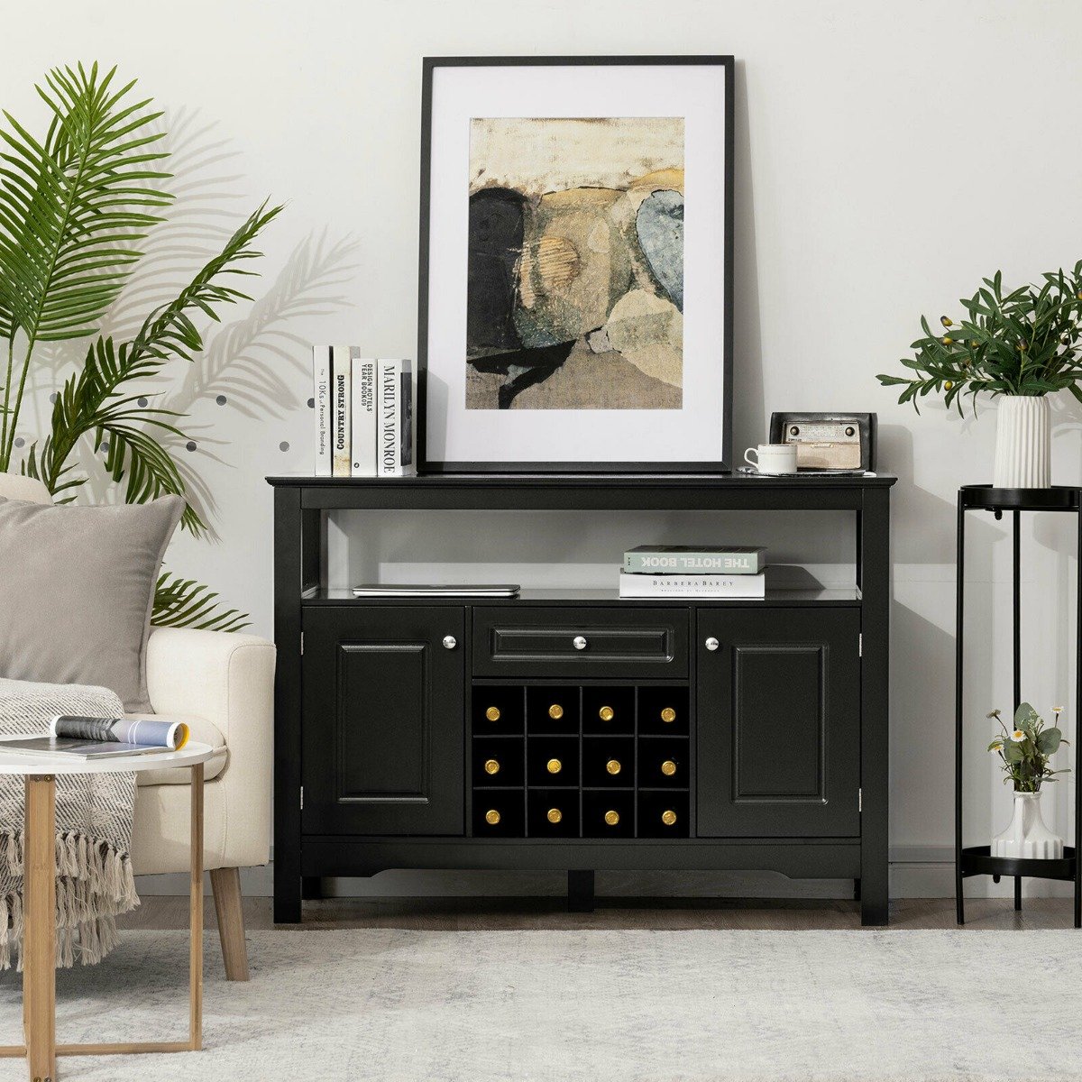 Modern Sideboard with 12 Wine Rack for Dining Room-Black
