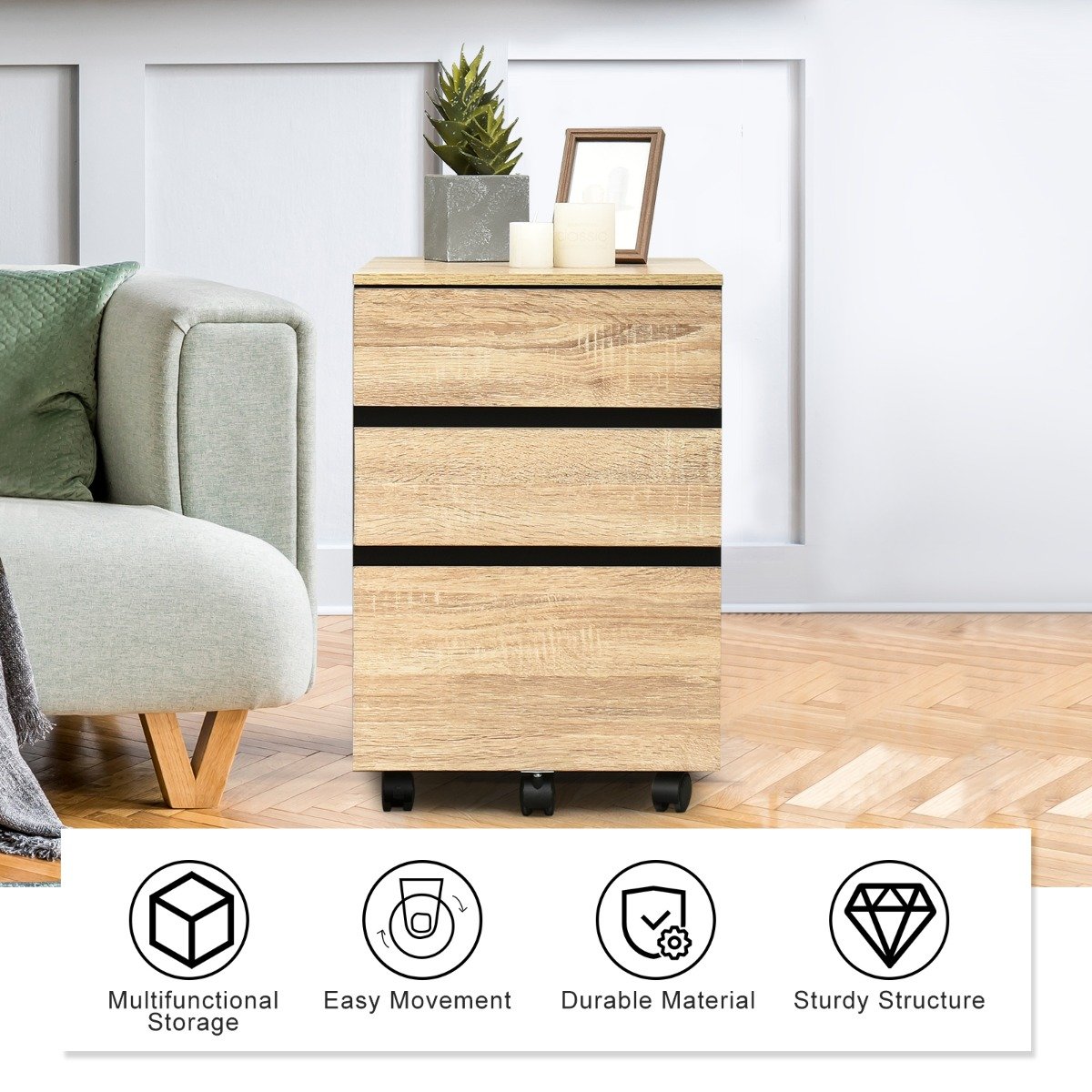 3-Drawer Mobile File Cabinet Vertical Filling Cabinet Under Desk