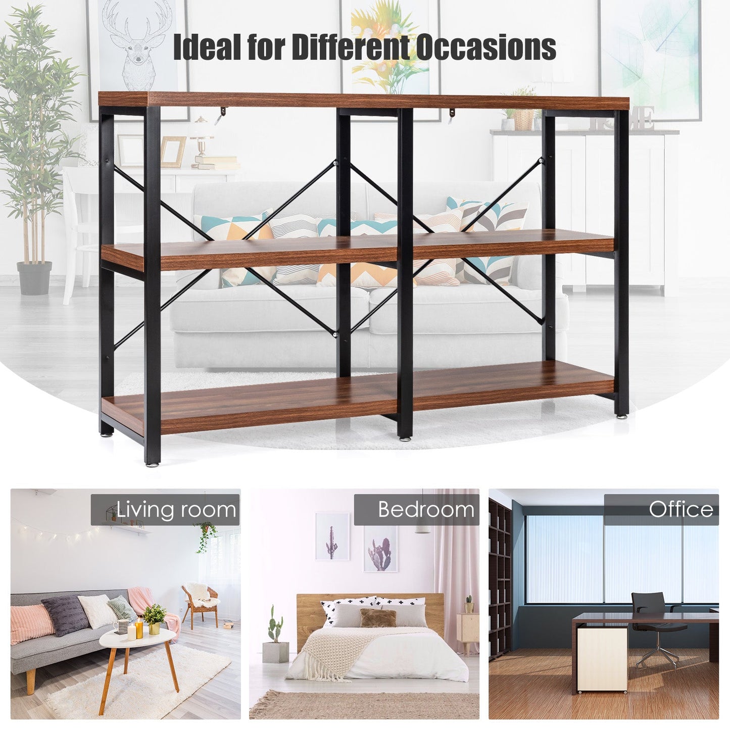 Rustic 3-Tier Console Table with "X" Shaped Back Braces