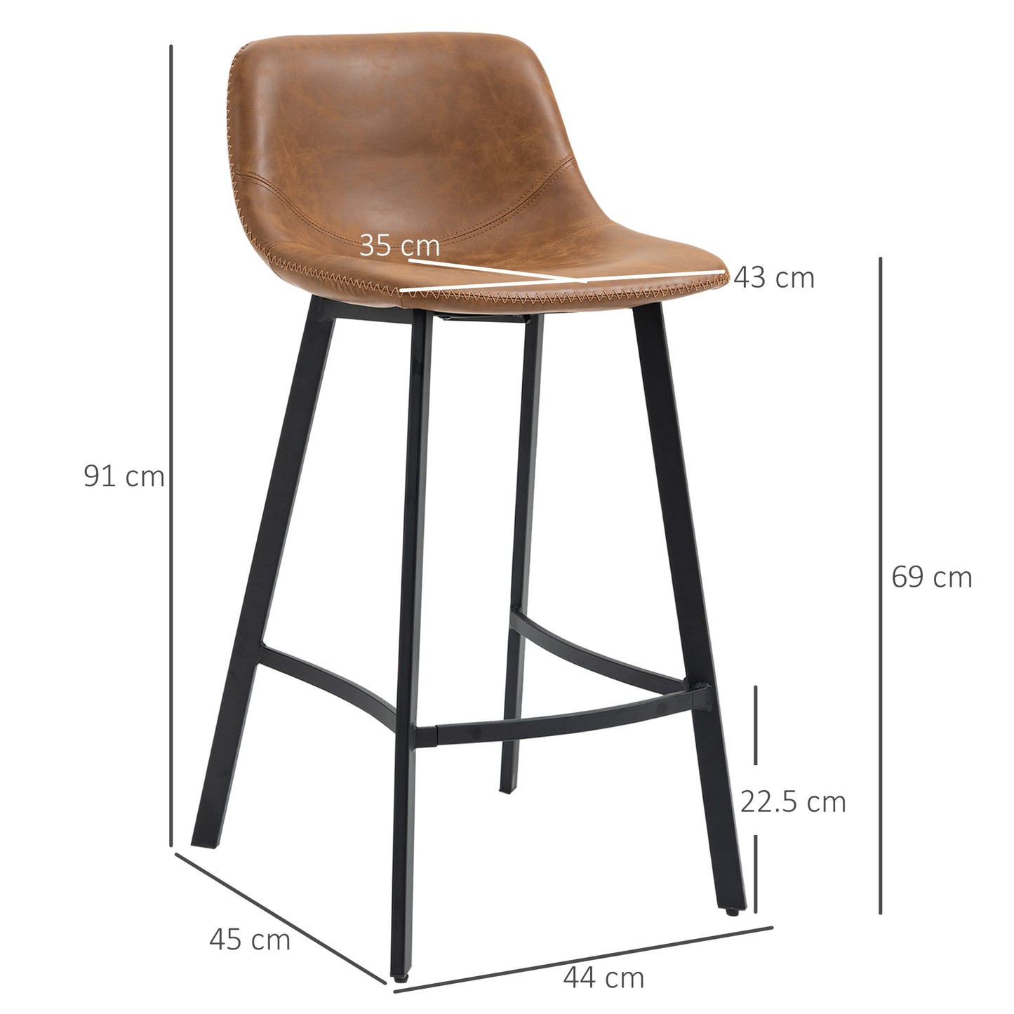 HOMCOM Bar Stools Set of 2, PU Leather Kitchen Stools, Upholstered Breakfast Bar Chairs with Backrest, Steel Legs for Home, Dining Room, Brown